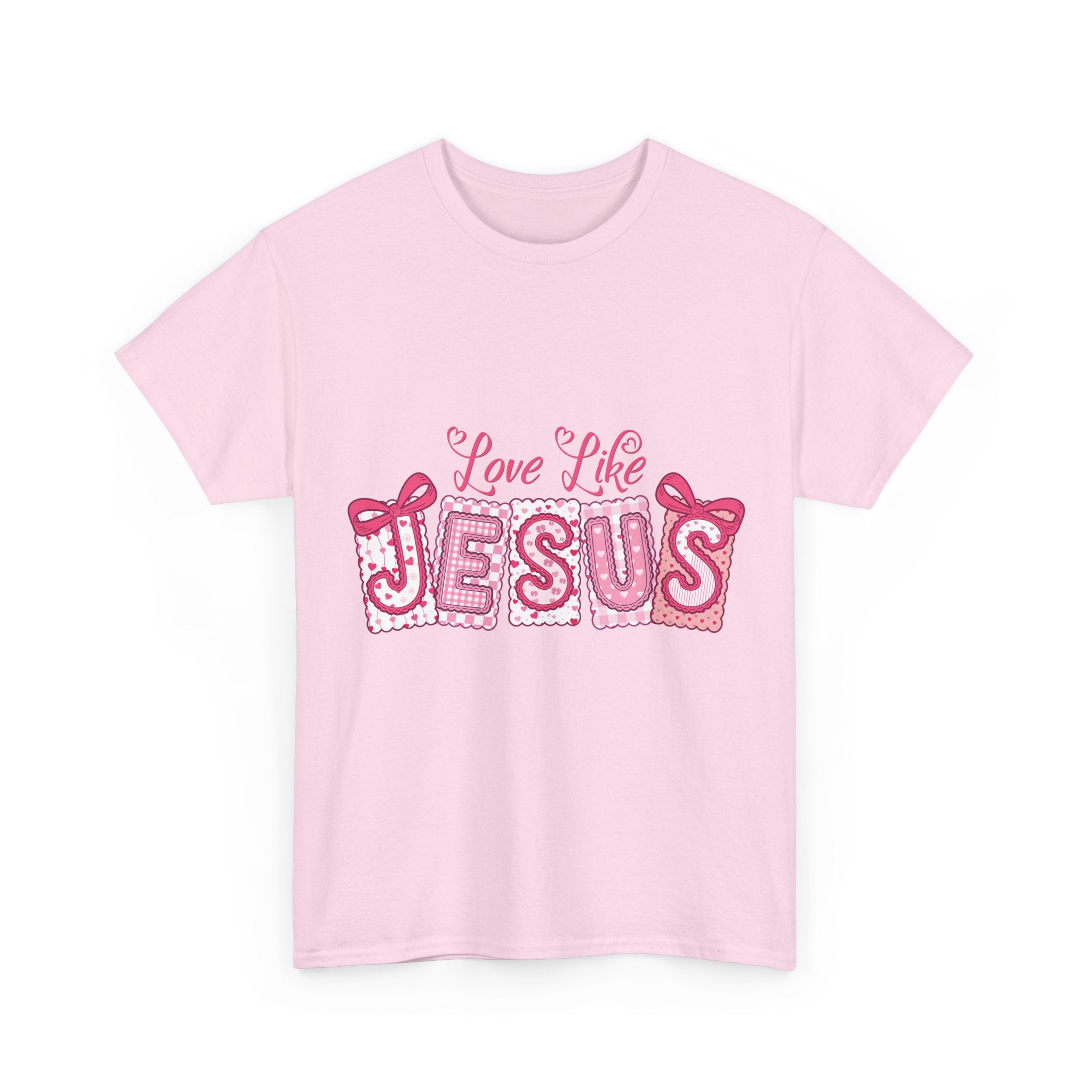 Love Like Jesus Patchwork Tee — Pink Stitched Heart Graphic.Unisex Cotton Tee