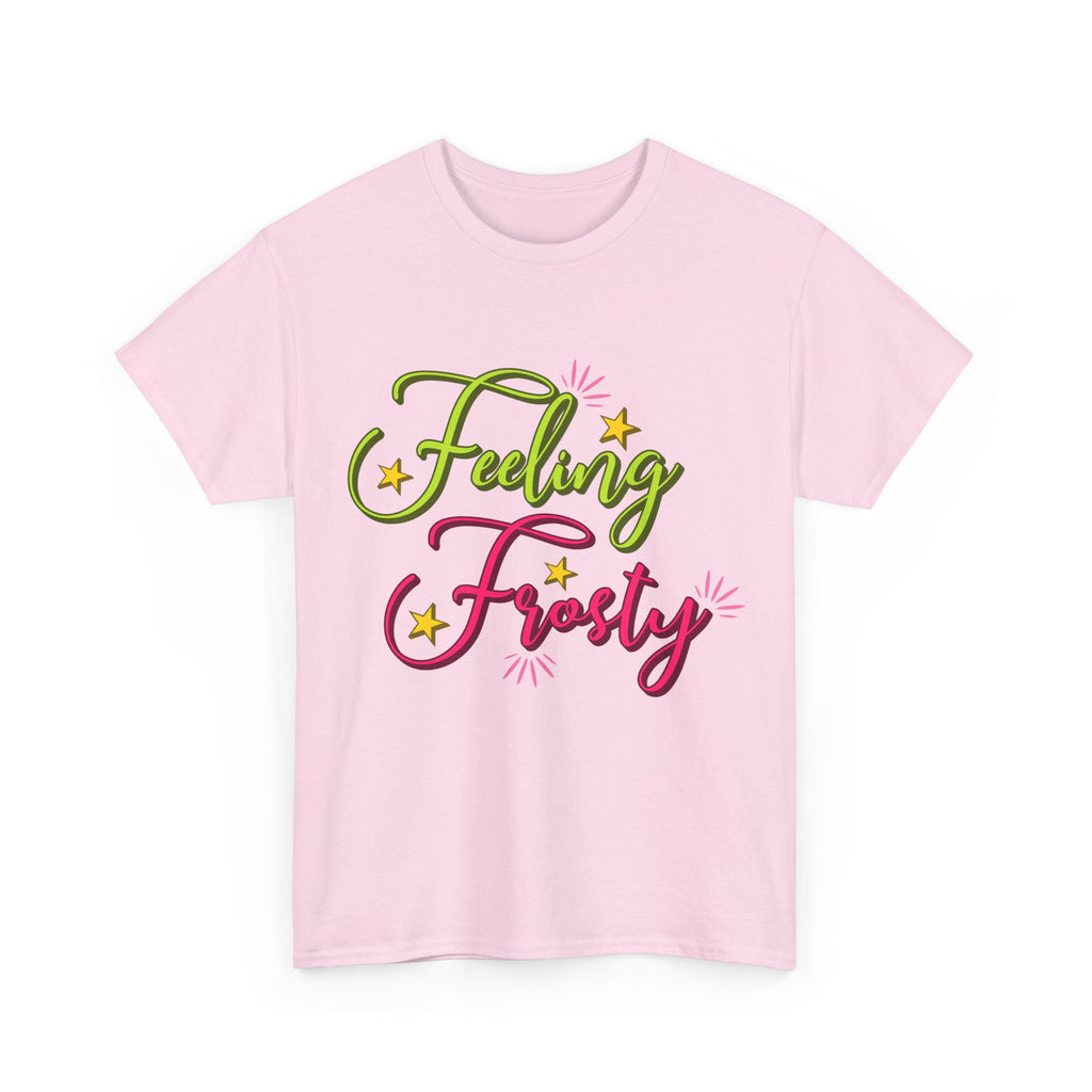 Feeling Frosty Holiday T-Shirt — Green & Pink Script Stars.Unisex Cotton Tee