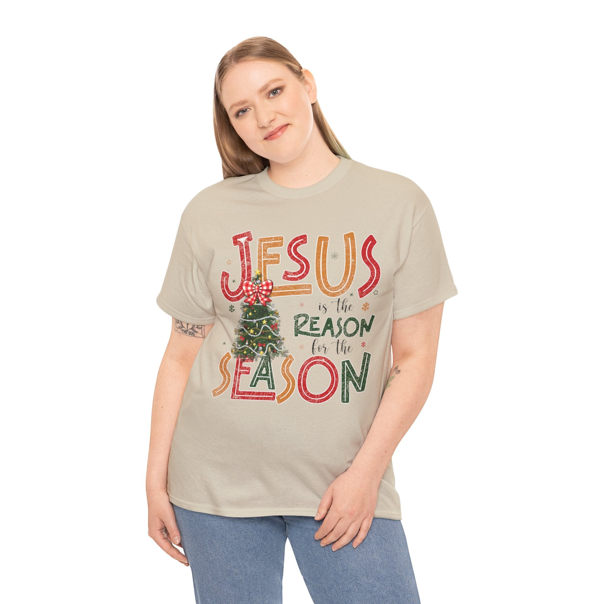 Jesus Is the Reason for the Season Christmas T-Shirt — Plaid Bow Tree..Unisex Cotton Tee