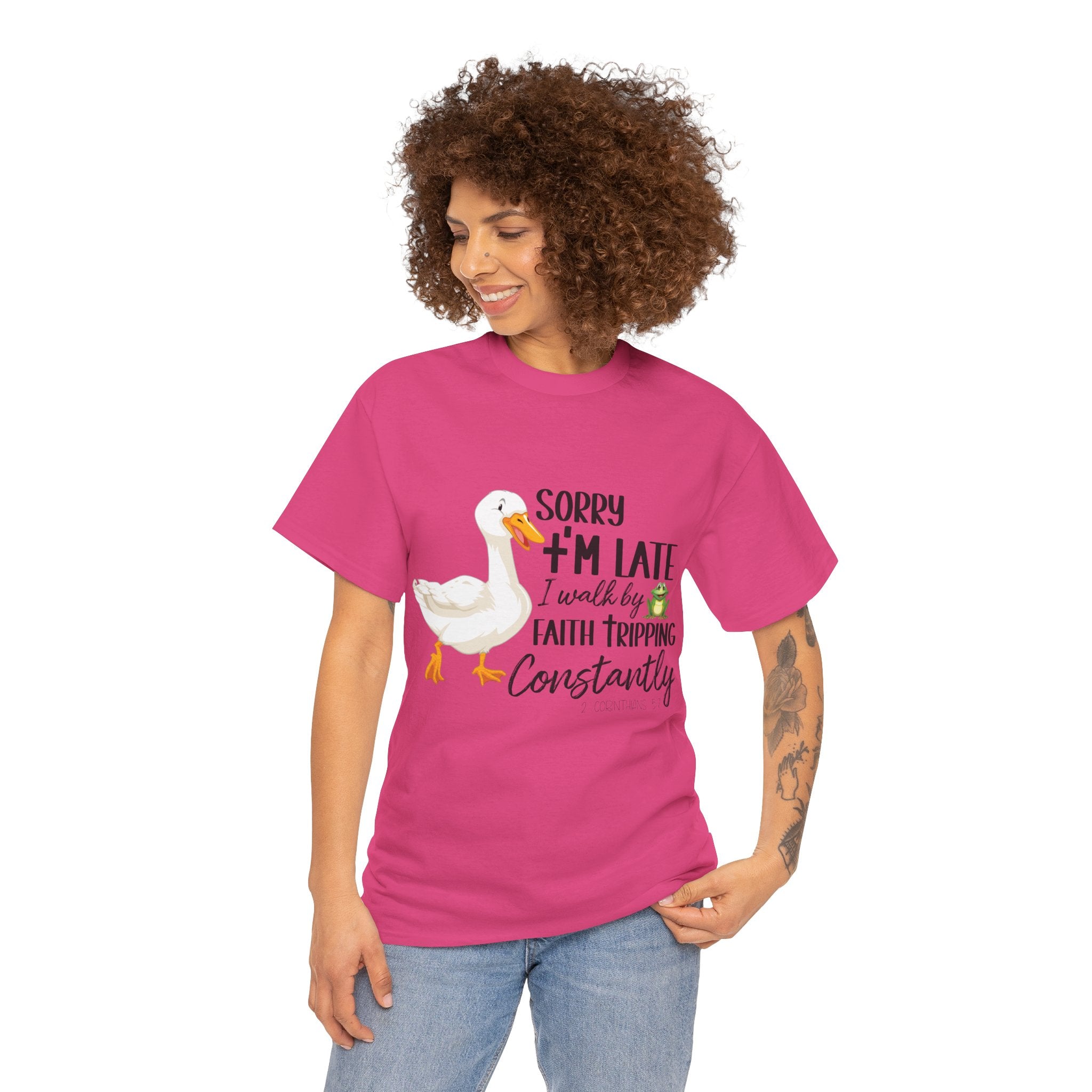 Christian Humor T-Shirt — “Sorry I’m Late, I Walk by Faith Tripping Constantly” (Duck & Frog). Unisex Cotton Tee