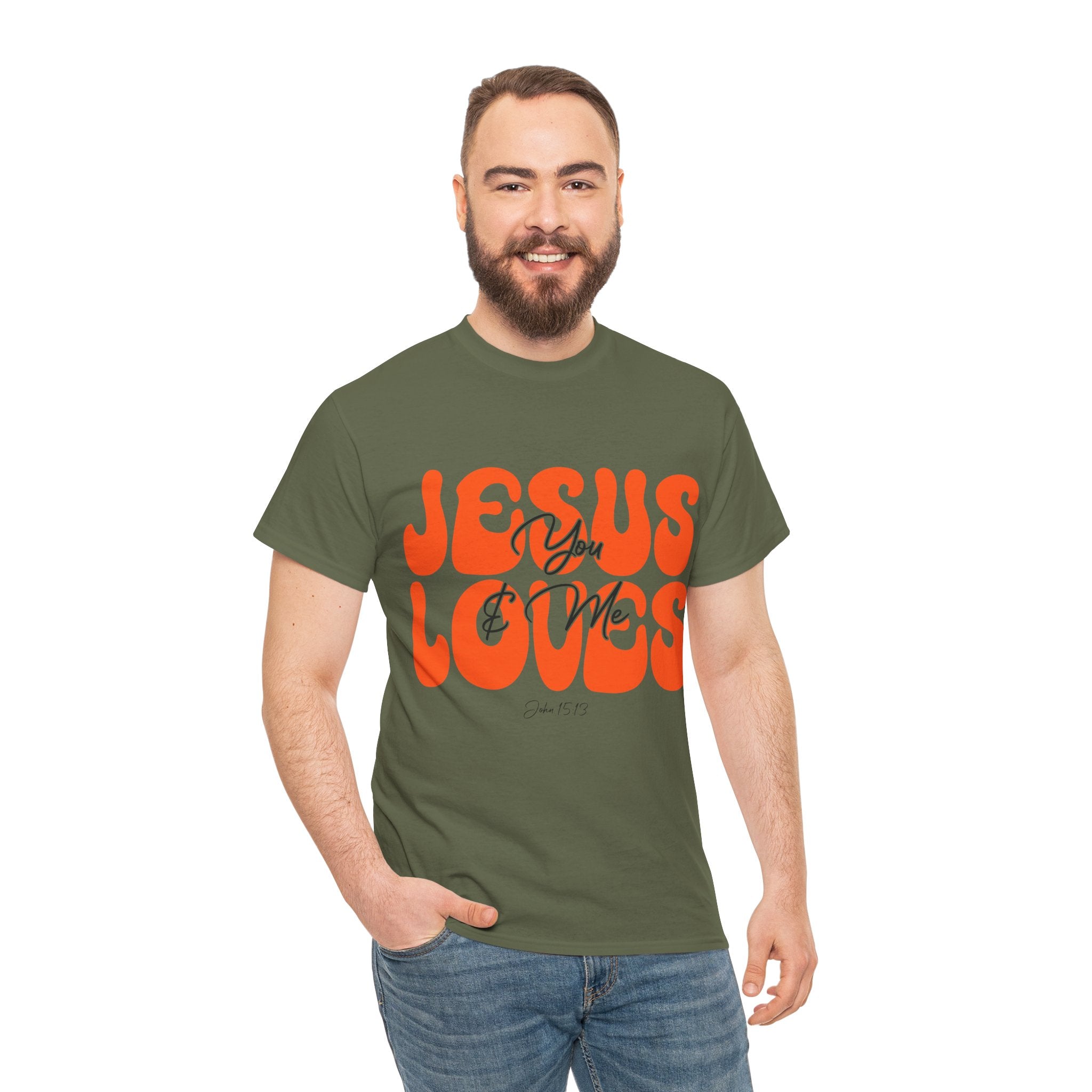 Jesus Loves You & Me Retro Tee — Playful Orange Bubbly Christian Unisex Cotton T-Shirt