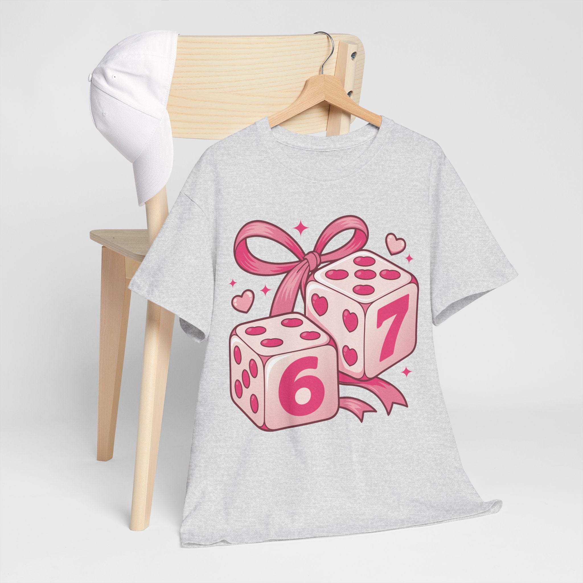 Lucky Love Dice T-Shirt — Pink Heart Dice with Bow..Unisex Cotton Tee