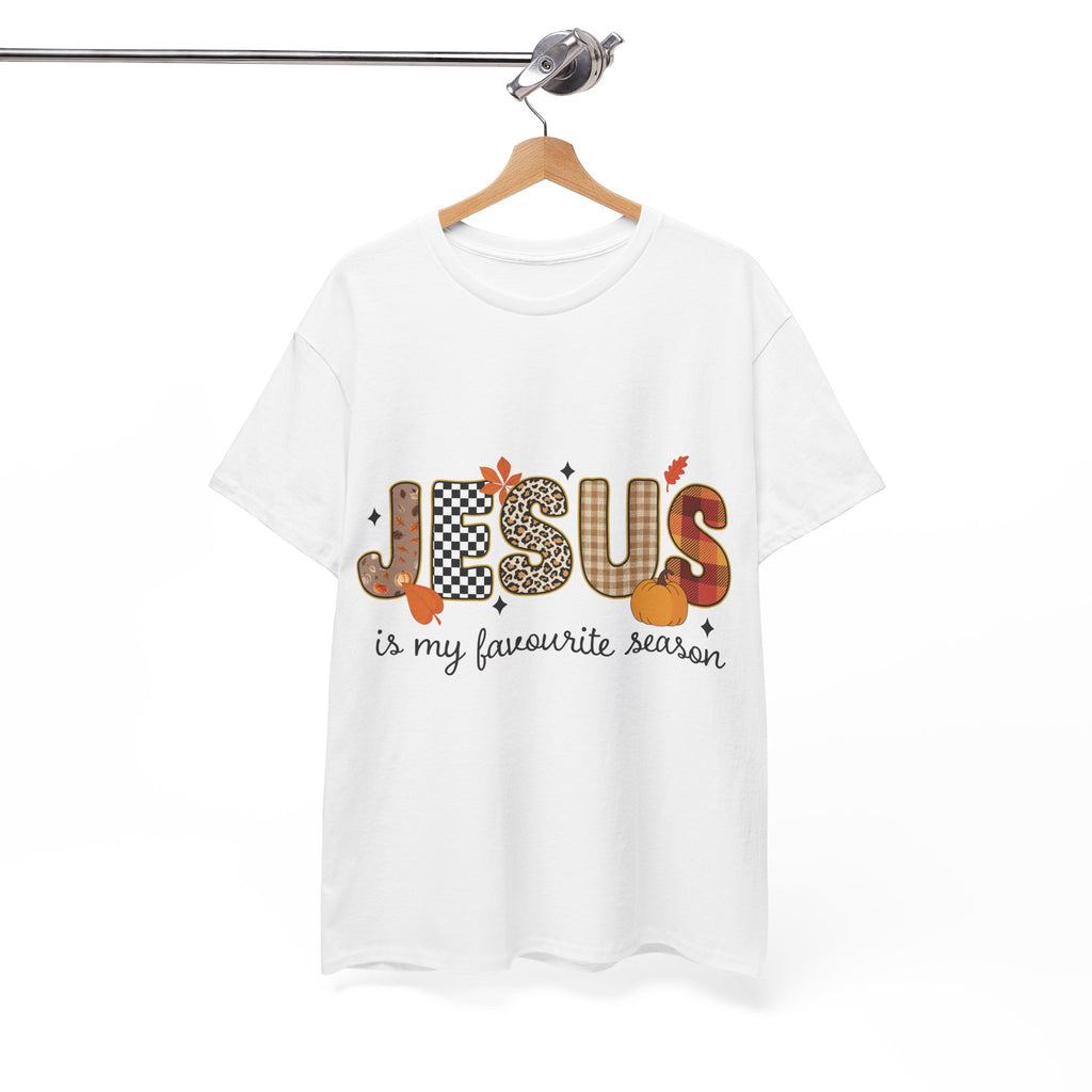Jesus Is My Favorite Season Tee — Autumn Plaid & Leopard Lettering Unisex Cotton Tee