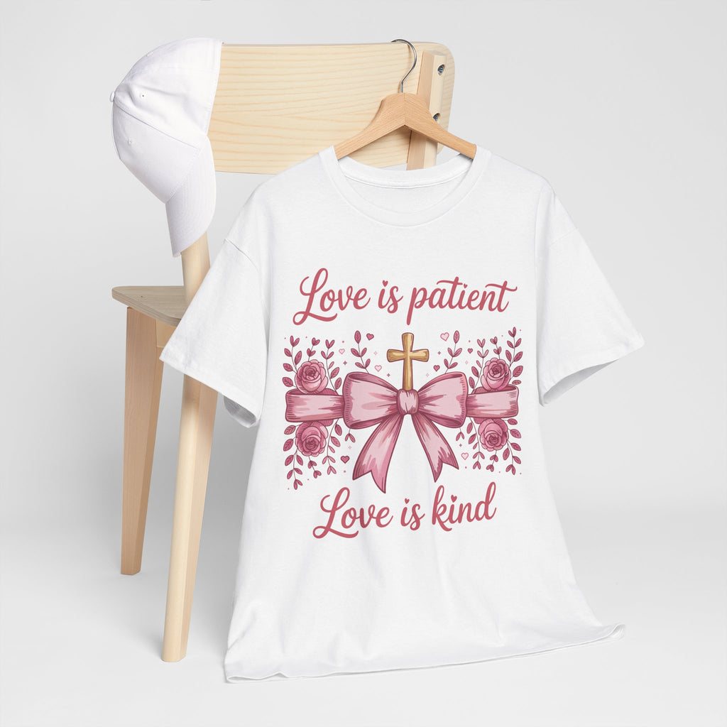 Christian Floral Tee — "Love is Patient, Love is Kind" Pink Rose Cross. Unisex Cotton Tee