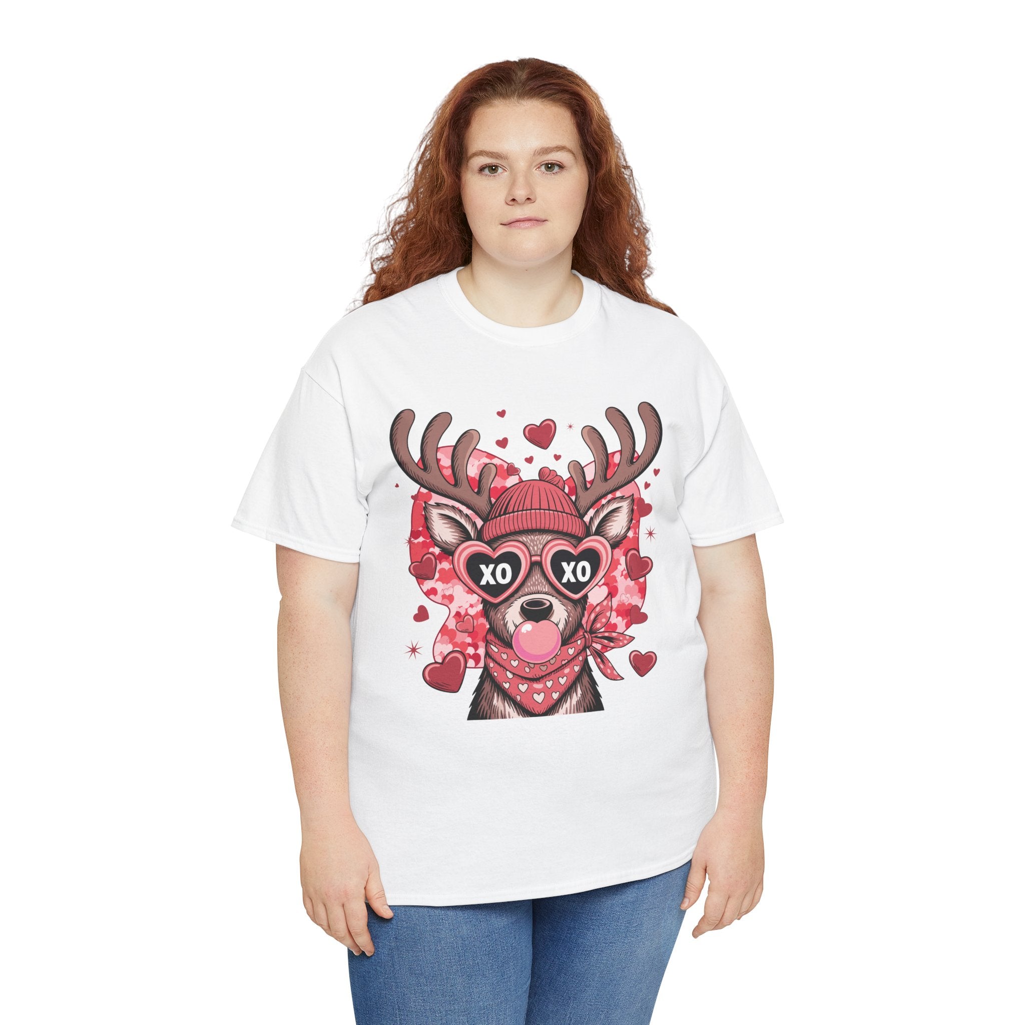 Valentine Deer Tee — Cute XO Heart Glasses, Beanie & Scarf Unisex Cotton Tshirt