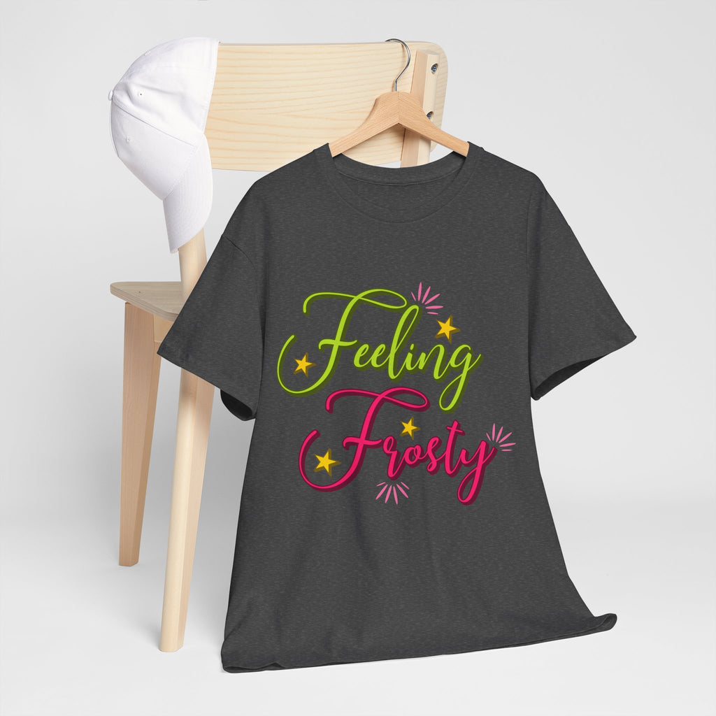 Feeling Frosty Holiday T-Shirt — Green & Pink Script Stars.Unisex Cotton Tee