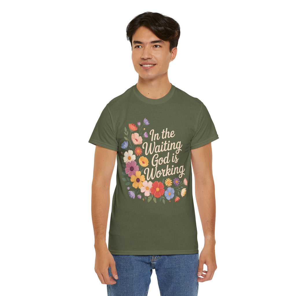 Pastel Floral “In the Waiting God Is Working” Unisex Cotton T-Shirt