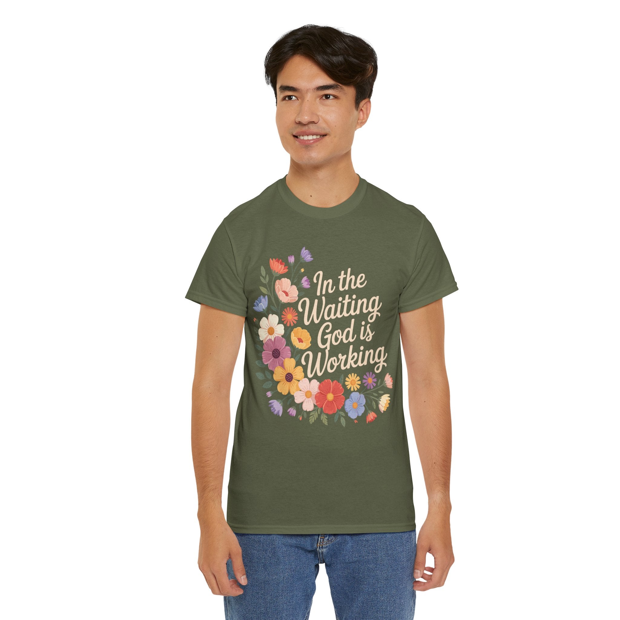 Pastel Floral “In the Waiting God Is Working” Unisex Cotton T-Shirt