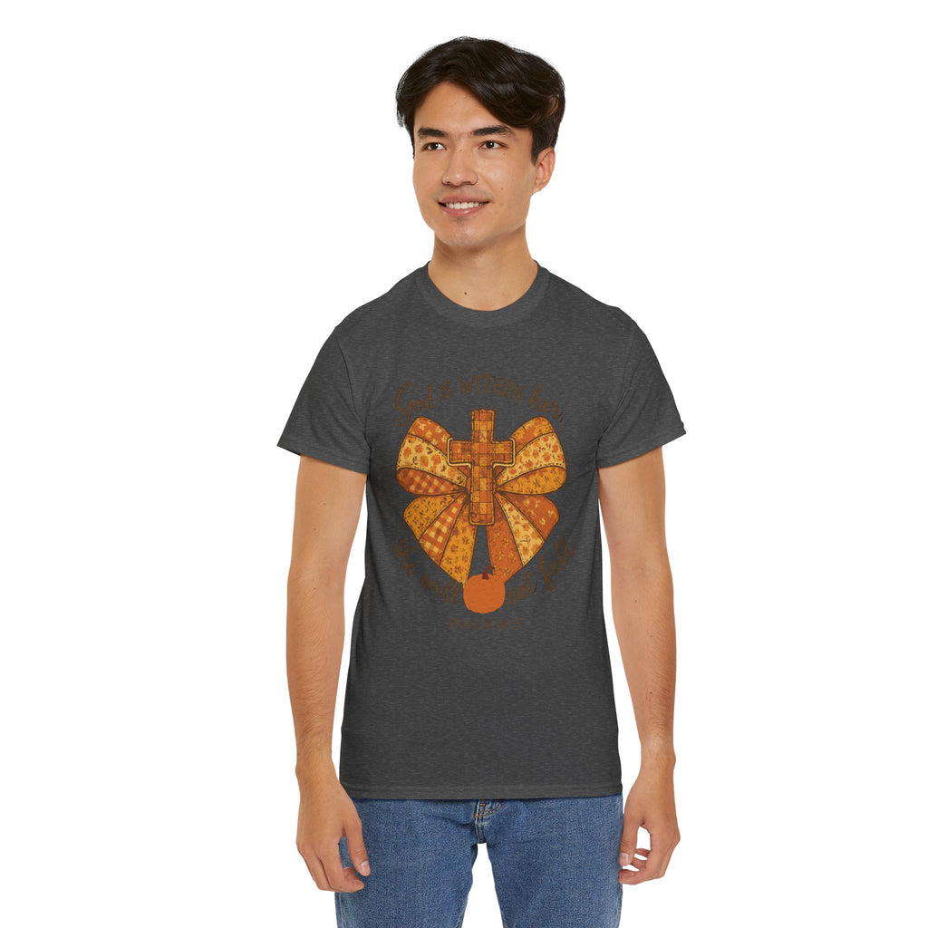 Psalm 46:5 Cross Patchwork Tee — Fall Bow Christian Unisex Cotton T-Shirt