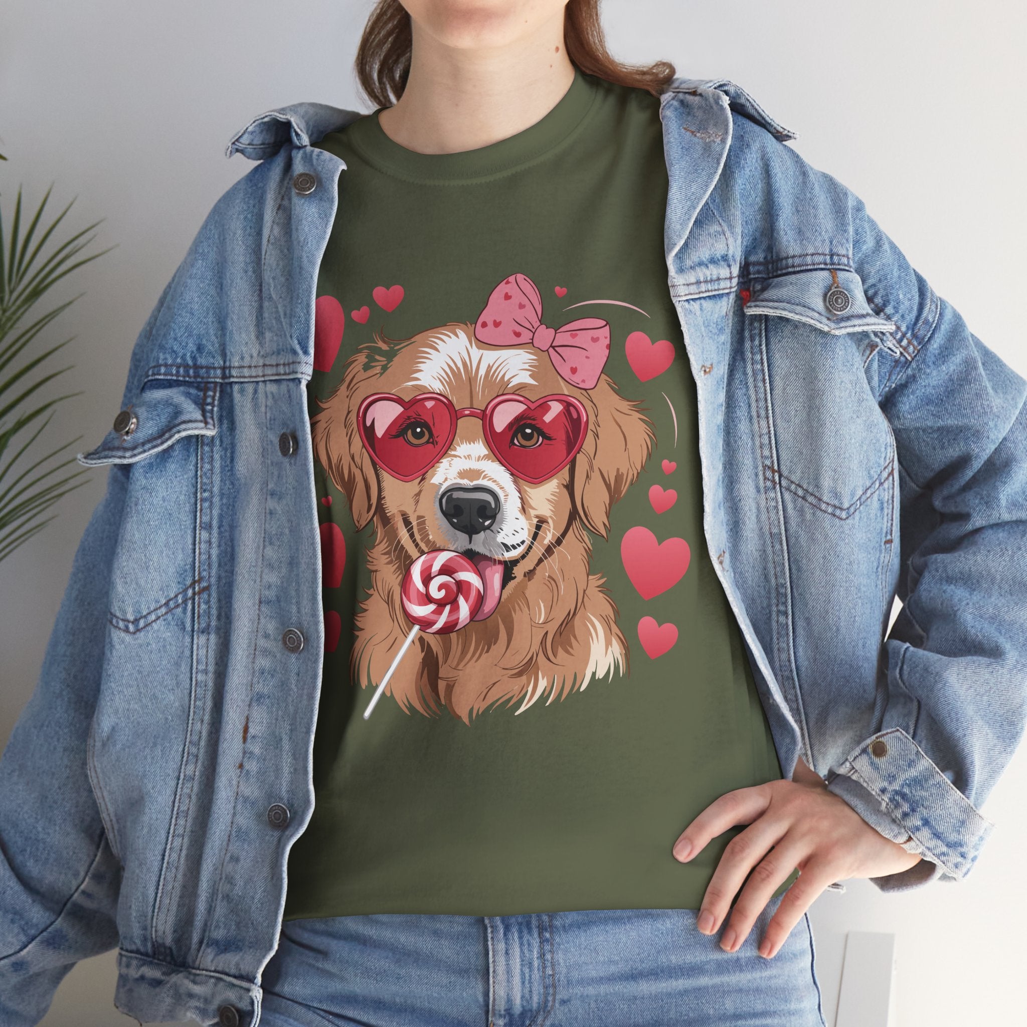 Valentine Dog T-Shirt — Cute Pup with Heart Glasses, Pink Bow & Lollipop..Unisex Cotton Tee