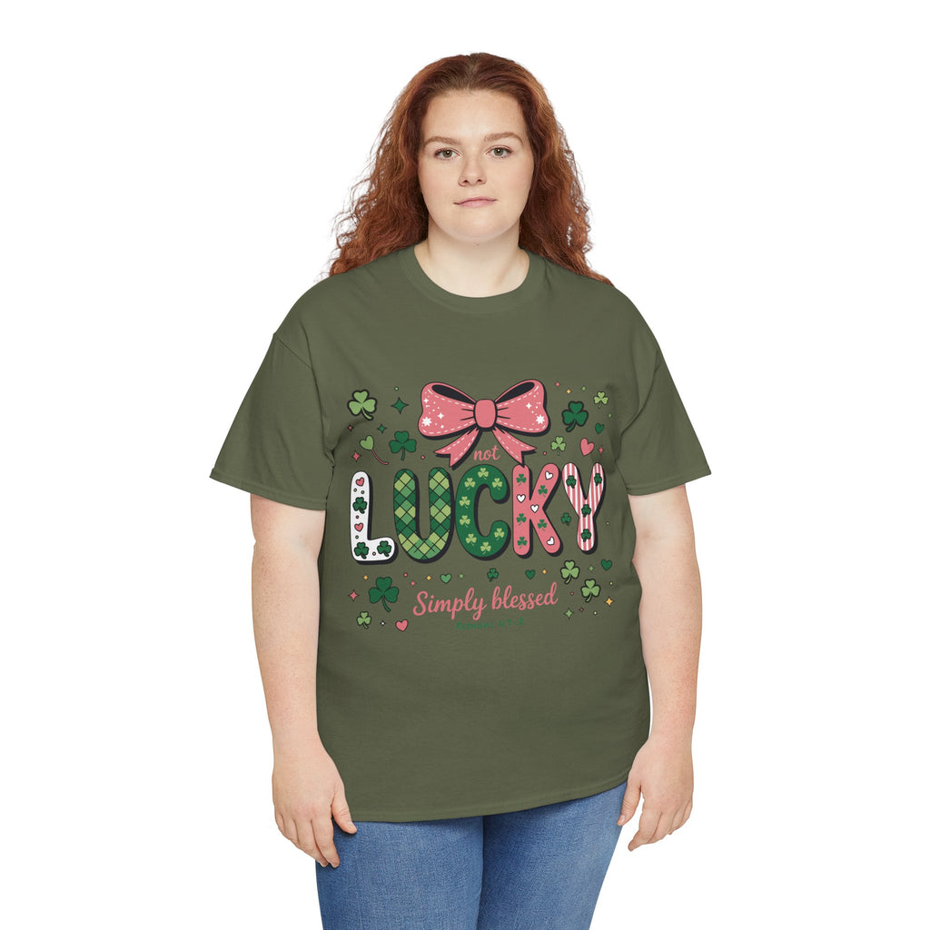 Simply Blessed Tee — “Not Lucky, Simply Blessed” with Pastel Bow, Clovers & Romans 4:7-8 Unisex Cotton Tee