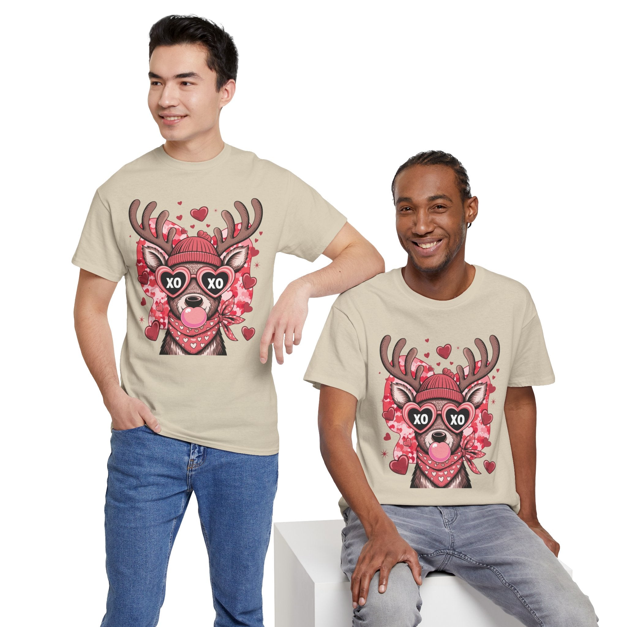 Valentine Deer Tee — Cute XO Heart Glasses, Beanie & Scarf Unisex Cotton Tshirt