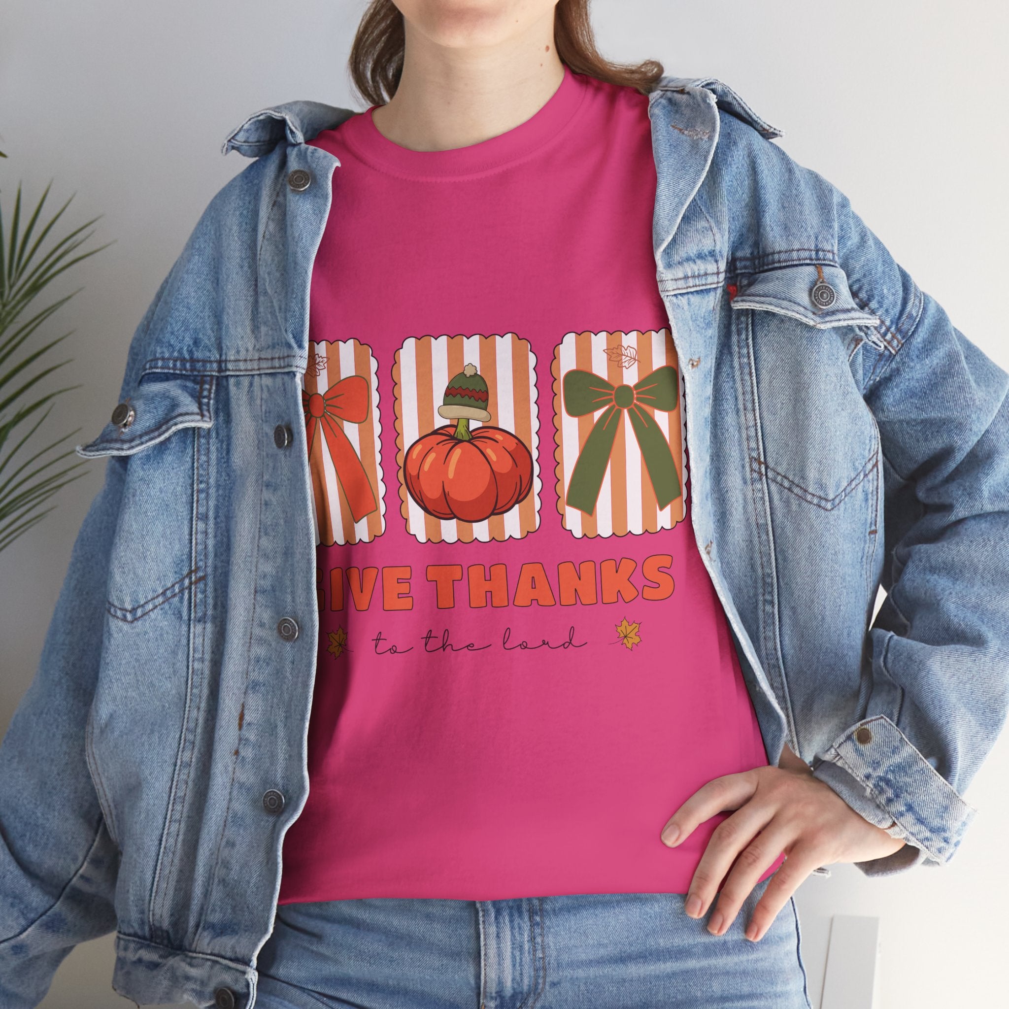 Give Thanks Thanksgiving T-Shirt — Pumpkin with Hat & Bows Unisex Cotton Tee