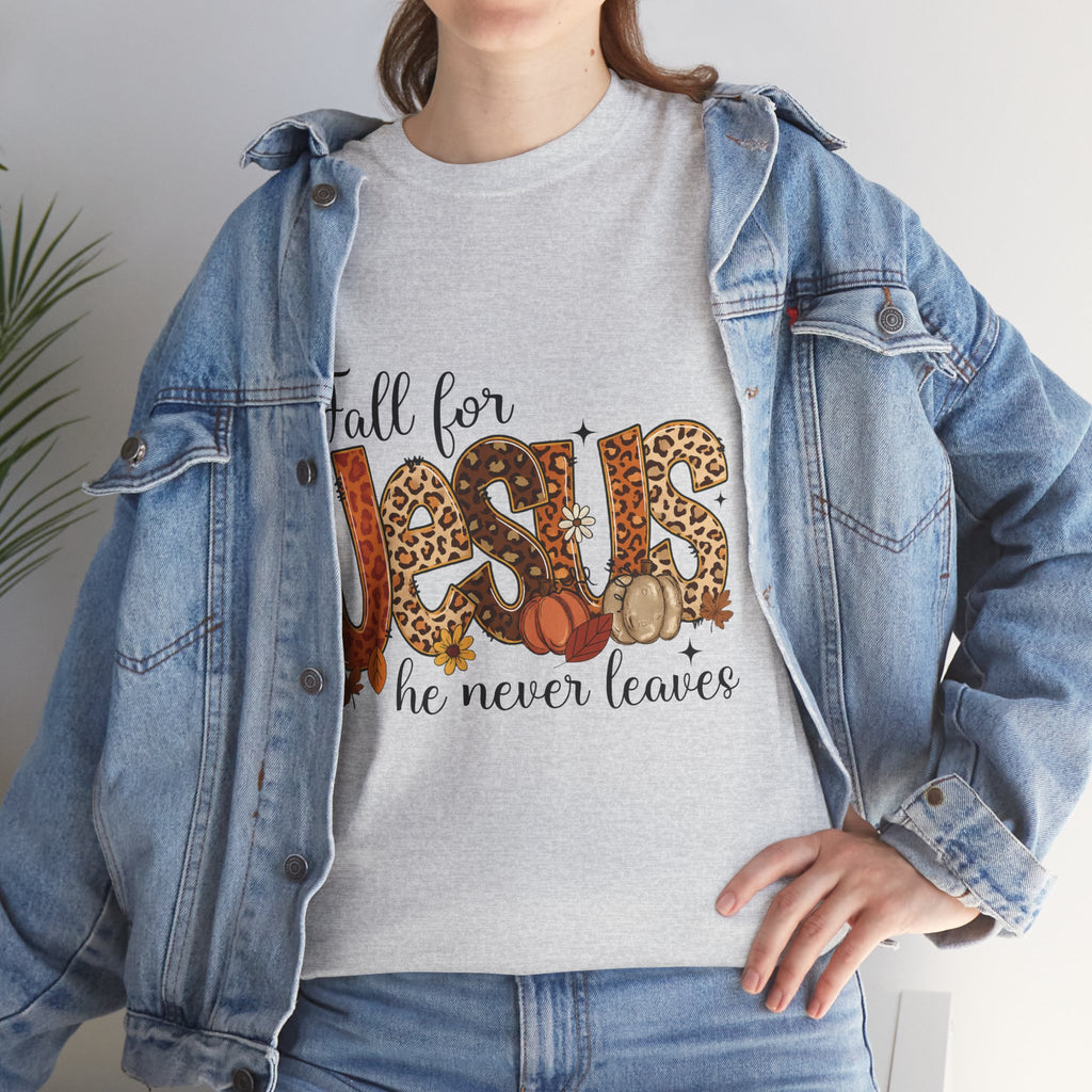 JESUS Leopard Print Fall T-Shirt — Pumpkins, Leaves & Floral Christian Unisex Cotton Tee