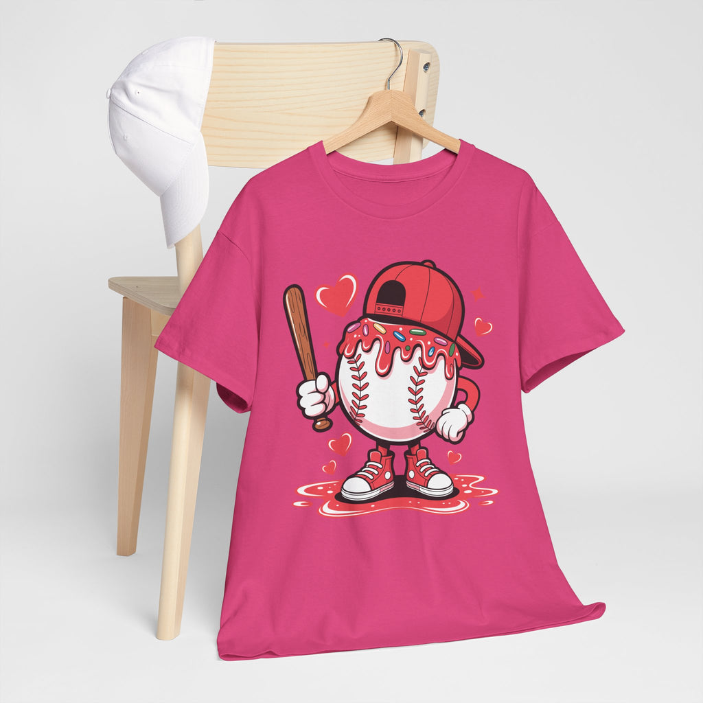 Cute Baseball Character T-Shirt — Red Cap & Icing Top Graphic with Hearts Unisex Cotton Tee