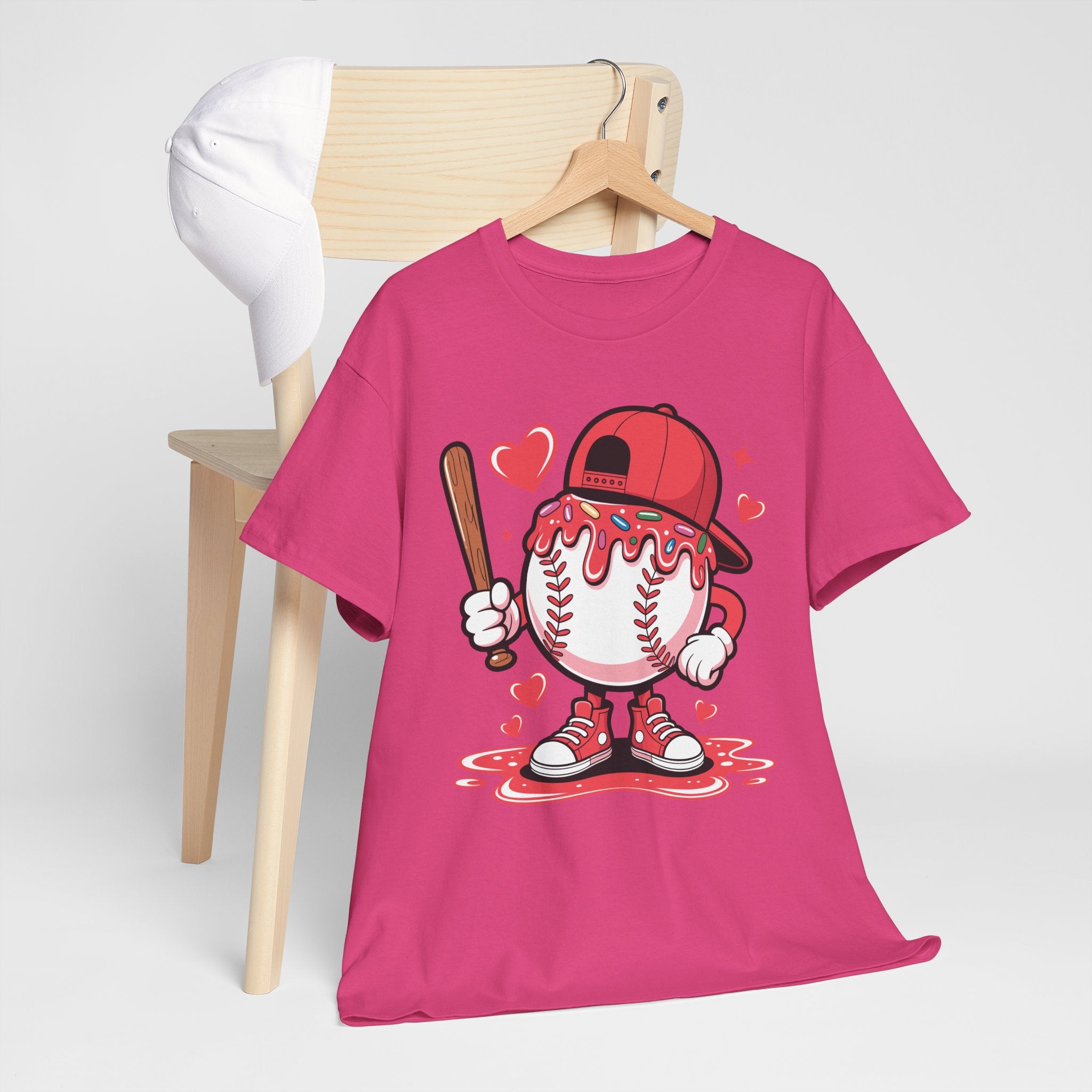 Cute Baseball Character T-Shirt — Red Cap & Icing Top Graphic with Hearts Unisex Cotton Tee