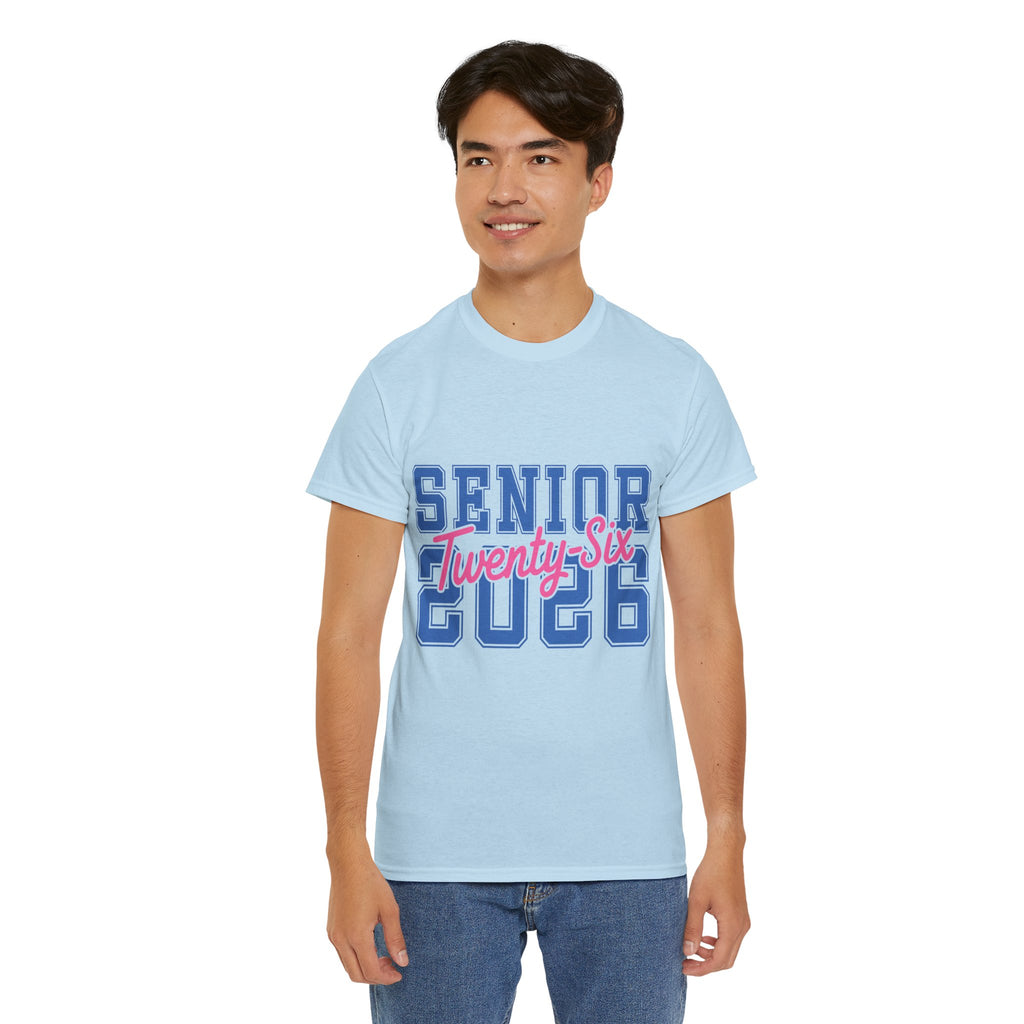 Senior 2026 Tee — Pink Varsity Block with Blue Script Overlay Unisex Cotton Tee