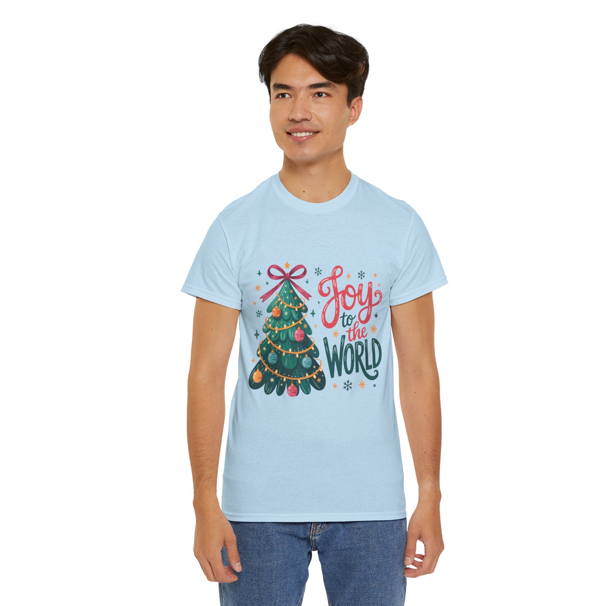 Joy to the World Christmas Tee — Festive Tree with Pink Bow..Unisex Cotton Tee