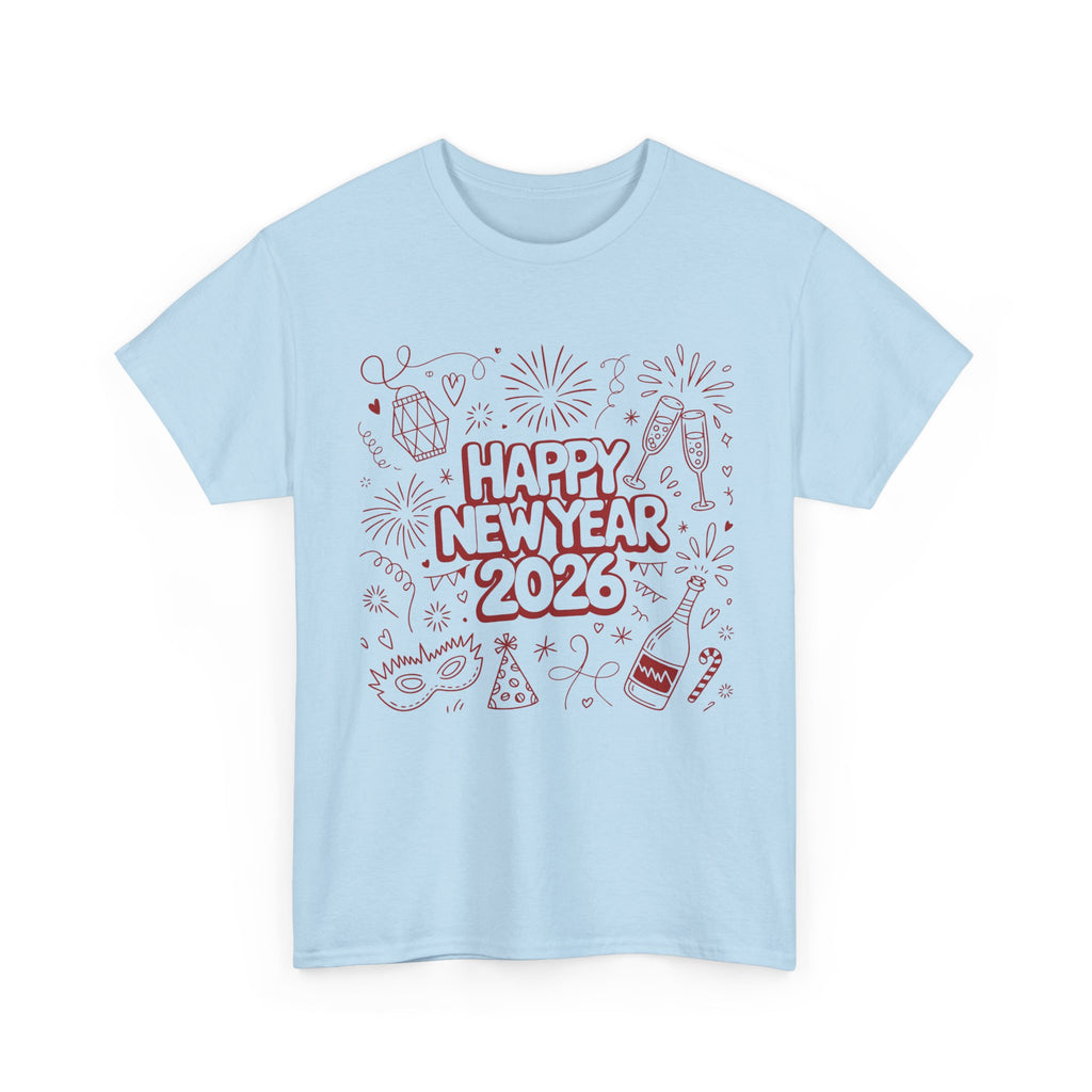 Happy New Year 2026 Doodle T-Shirt — Pink Party Icons & Champagne Unisex Cotton Tee