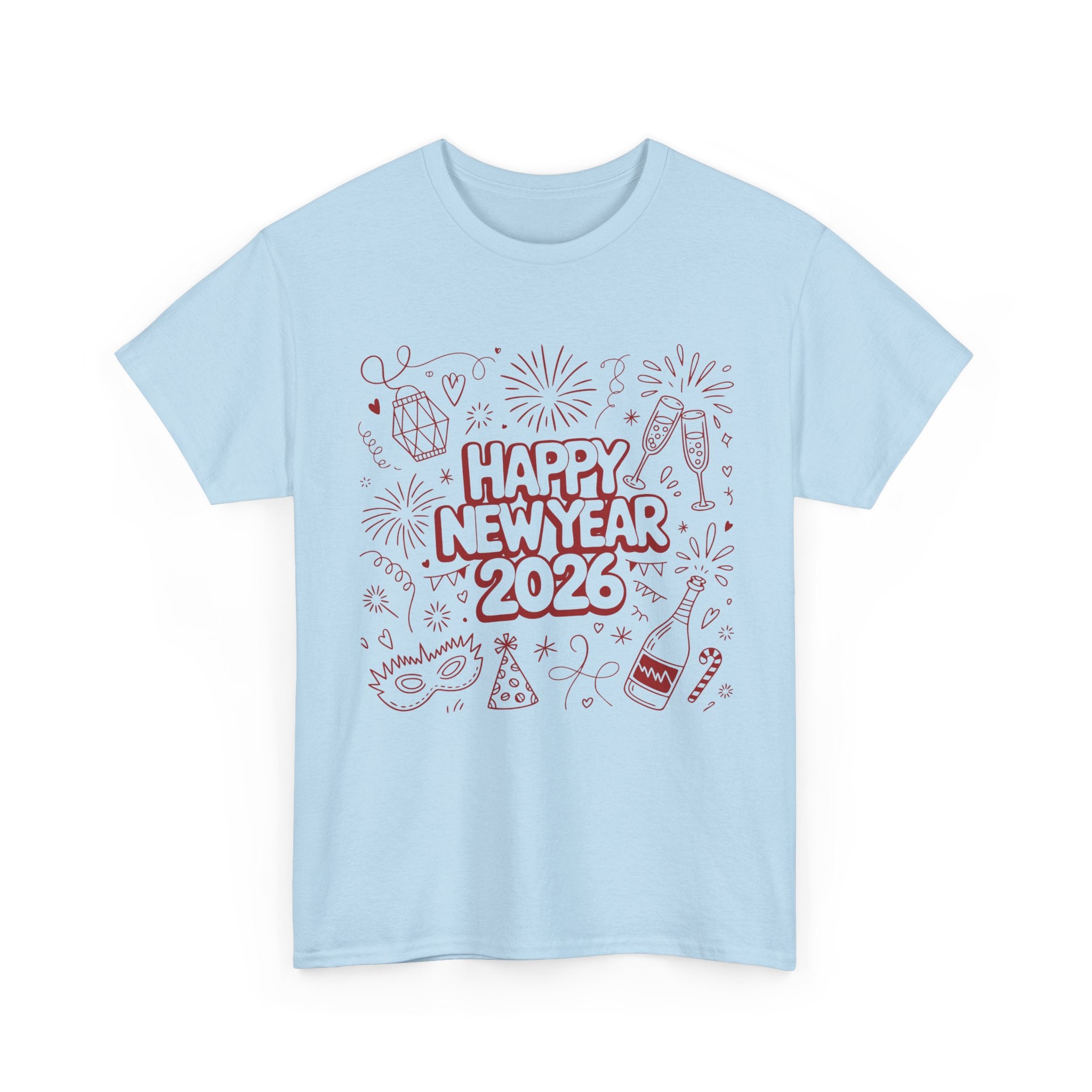 Happy New Year 2026 Doodle T-Shirt — Pink Party Icons & Champagne Unisex Cotton Tee