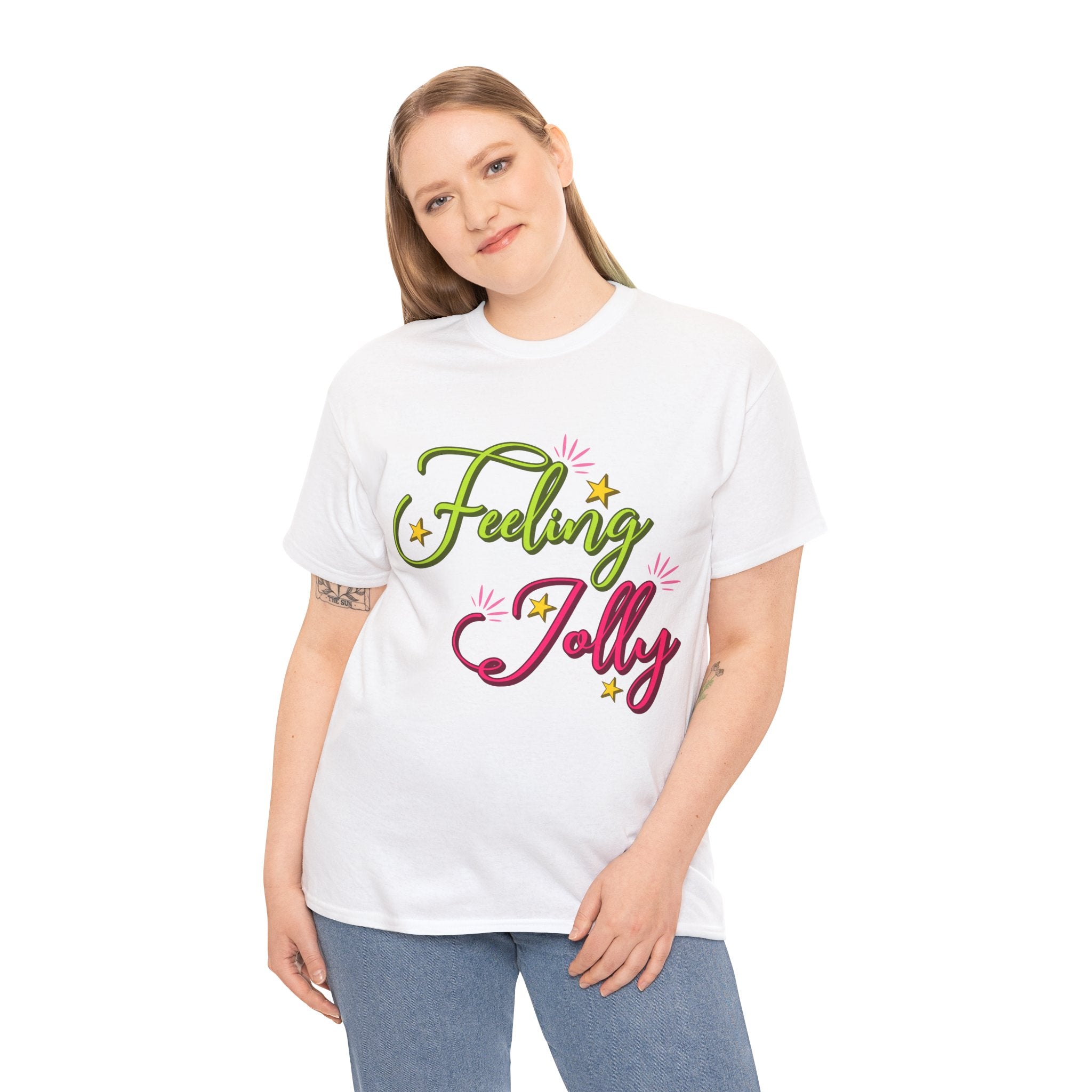 Feeling Jolly Tee — Festive Green & Pink Script with Yellow Stars Unisex Cotton Tee