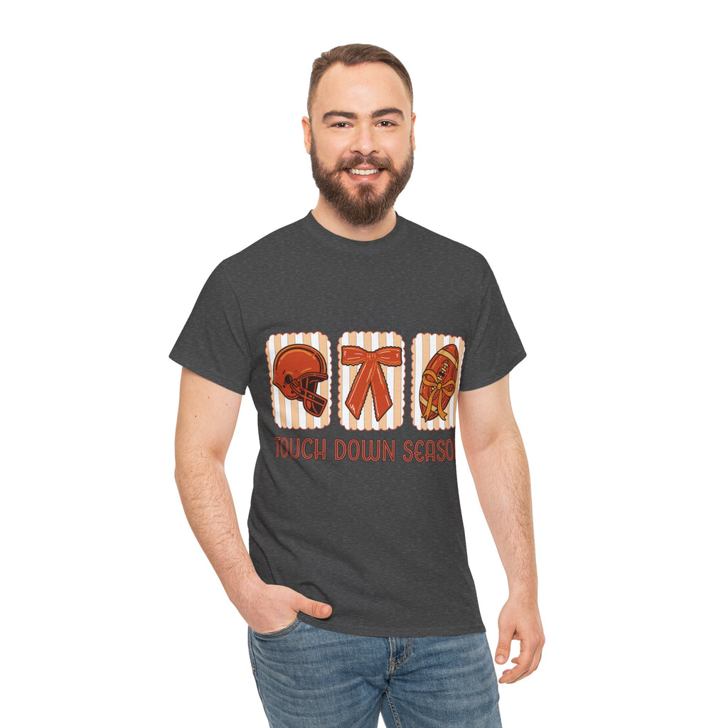 Touch Down Season Football Tee — Striped Fall Helmet & Bow Design Unisex Cotton Tee