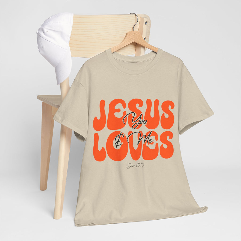 Jesus Loves You & Me Retro Tee — Playful Orange Bubbly Christian Unisex Cotton T-Shirt