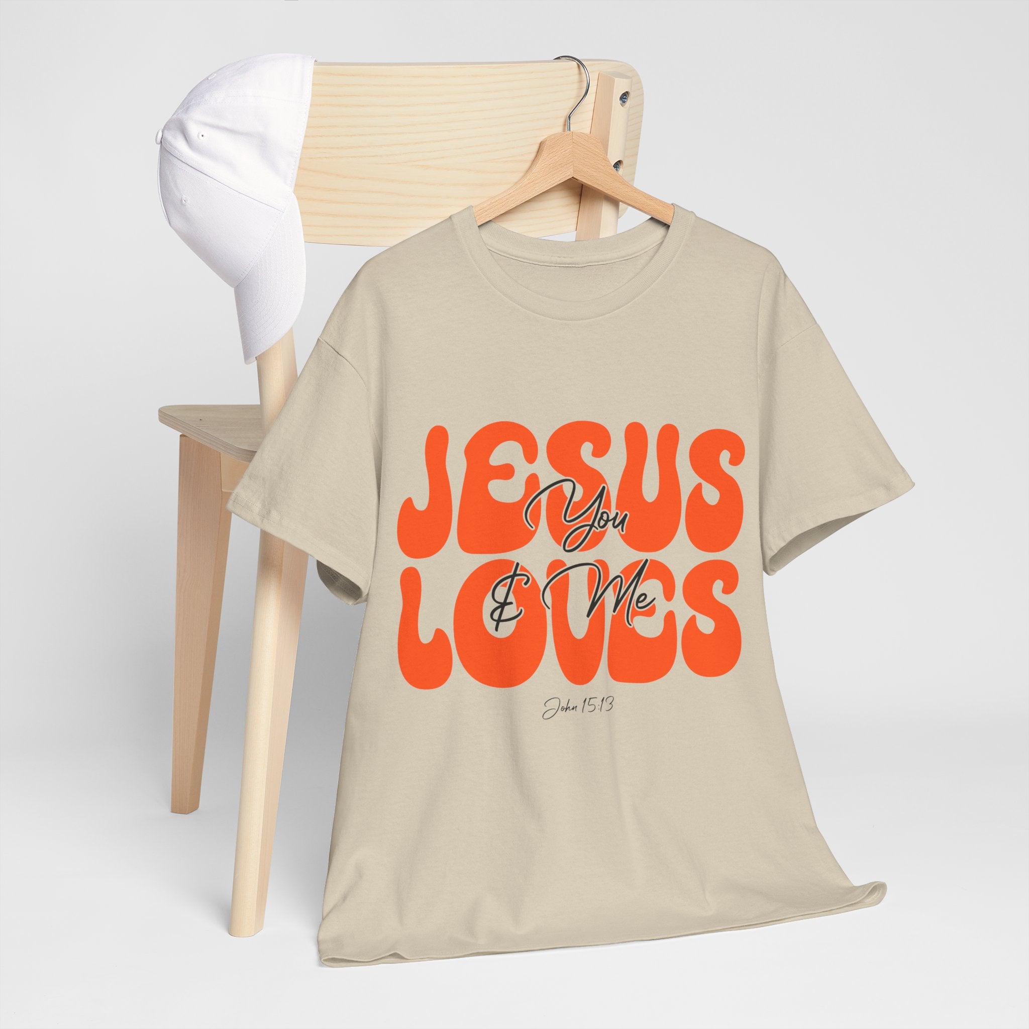 Jesus Loves You & Me Retro Tee — Playful Orange Bubbly Christian Unisex Cotton T-Shirt