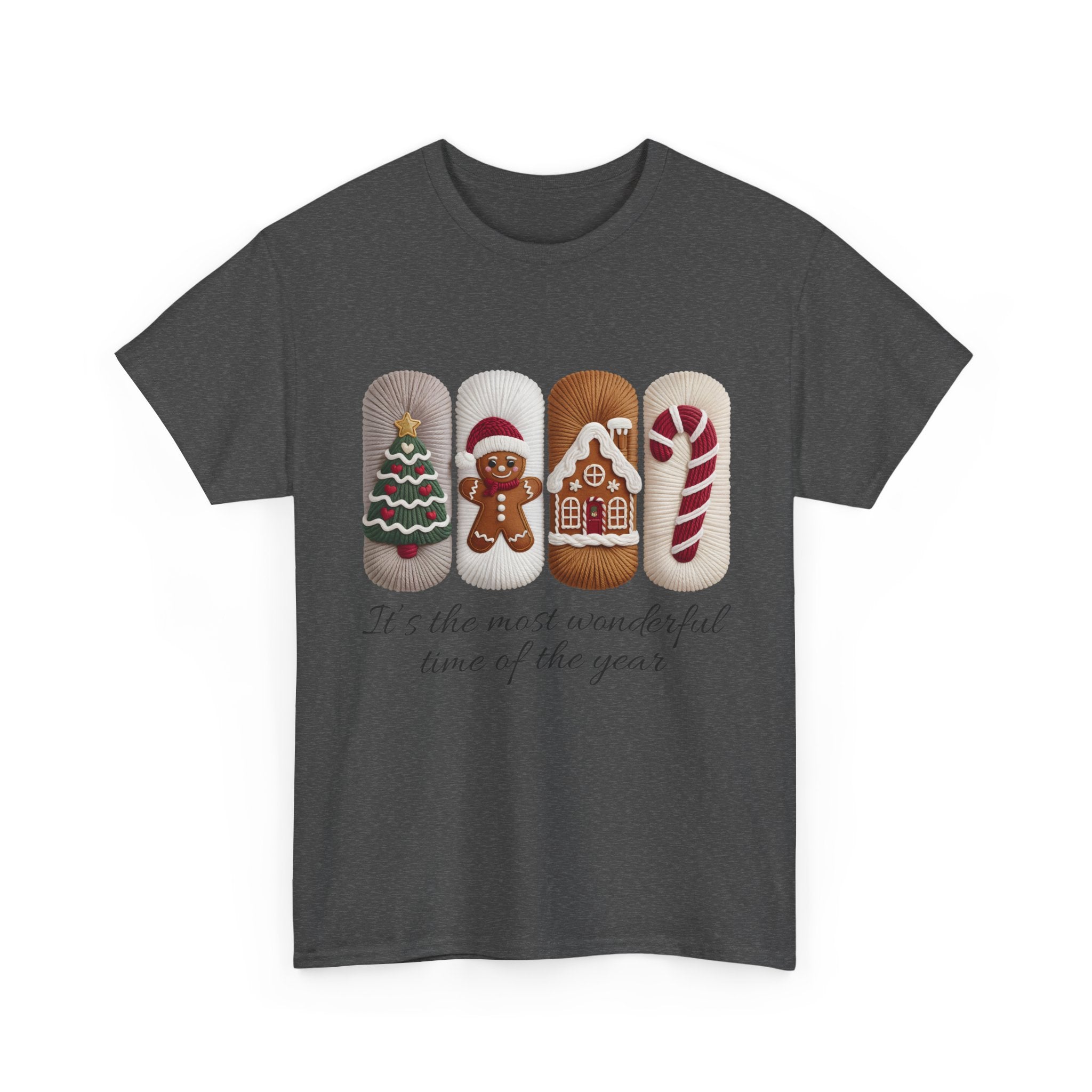 Christmas Faux-Yarn Tree Tee — Gingerbread House & Candy Cane Holiday Unisex Cotton T-Shirt