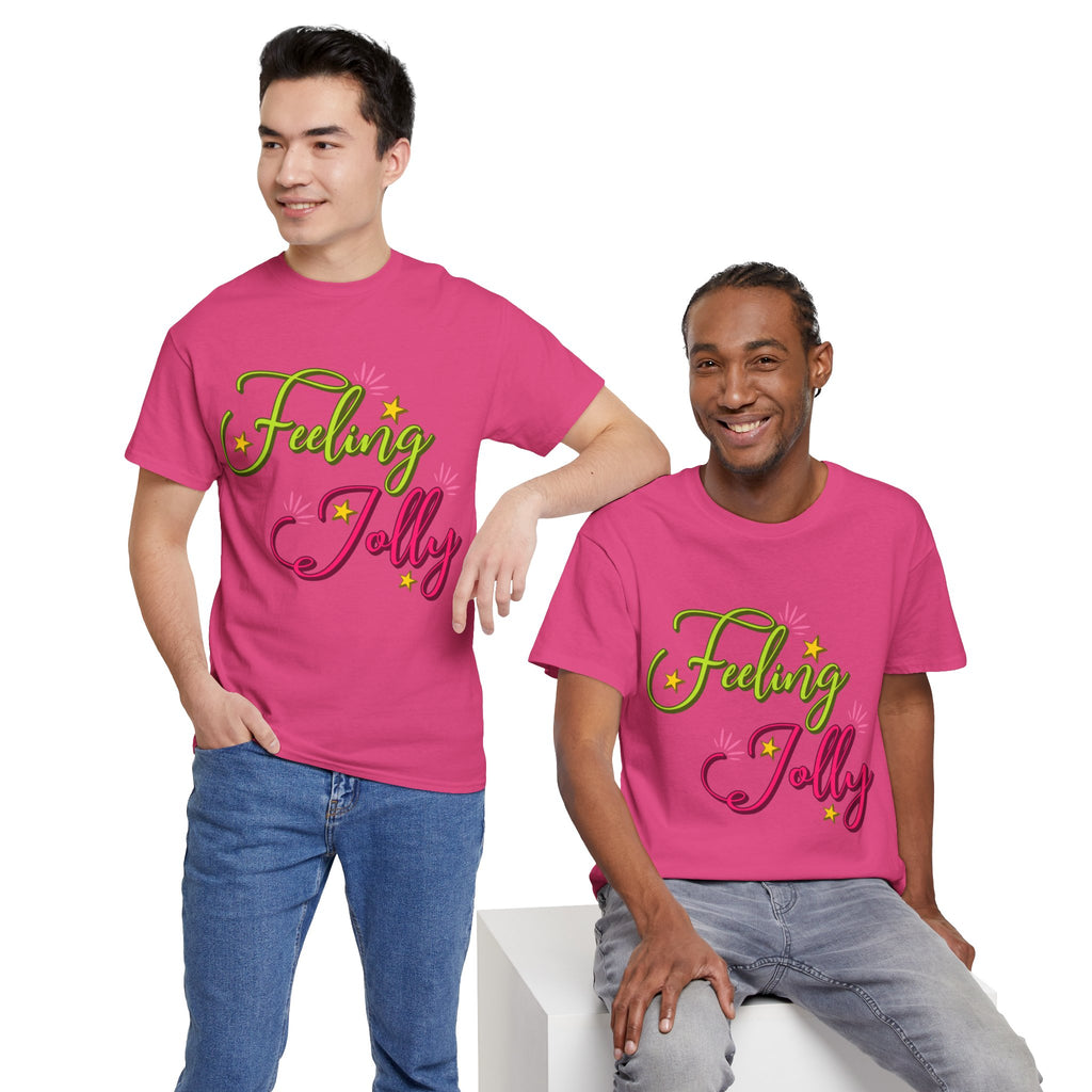 Feeling Jolly Tee — Festive Green & Pink Script with Yellow Stars Unisex Cotton Tee