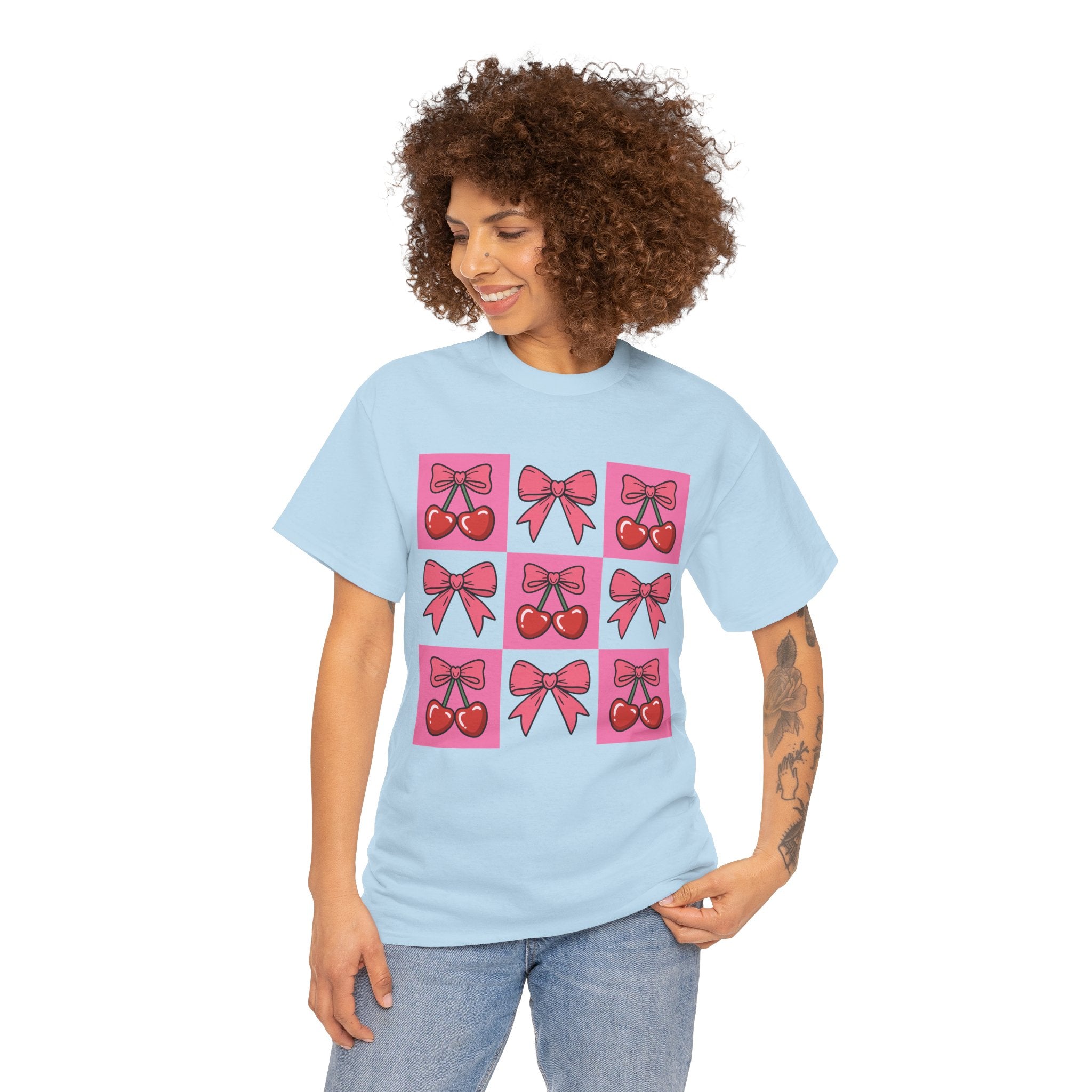 Cherry & Pink Bow Checkered Unisex Cotton Tee