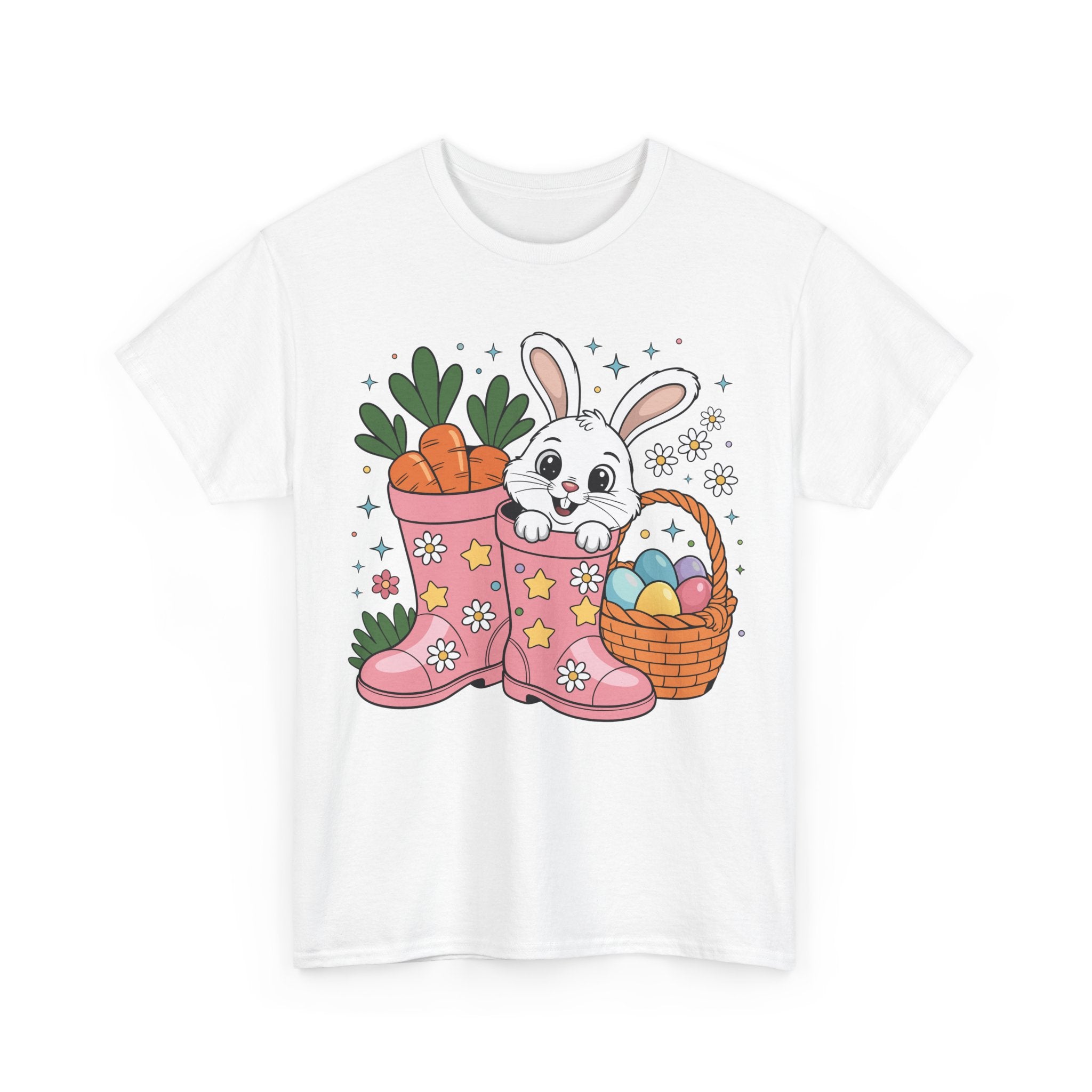 Easter Bunny in Pink Rain Boots T-Shirt — Cartoon Bunny, Carrots & Colorful Eggs Unisex Cotton Tee