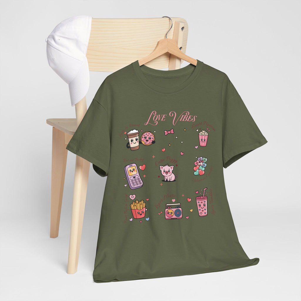 Love Vibes Kawaii Valentine T-Shirt — Cute Donut, Coffee & Piglet Design Unisex Cotton Tee