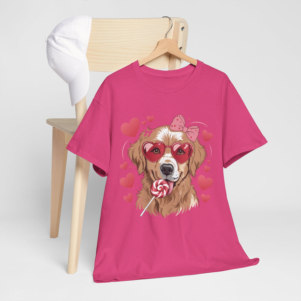 Valentine Dog T-Shirt — Cute Pup with Heart Glasses, Pink Bow & Lollipop..Unisex Cotton Tee