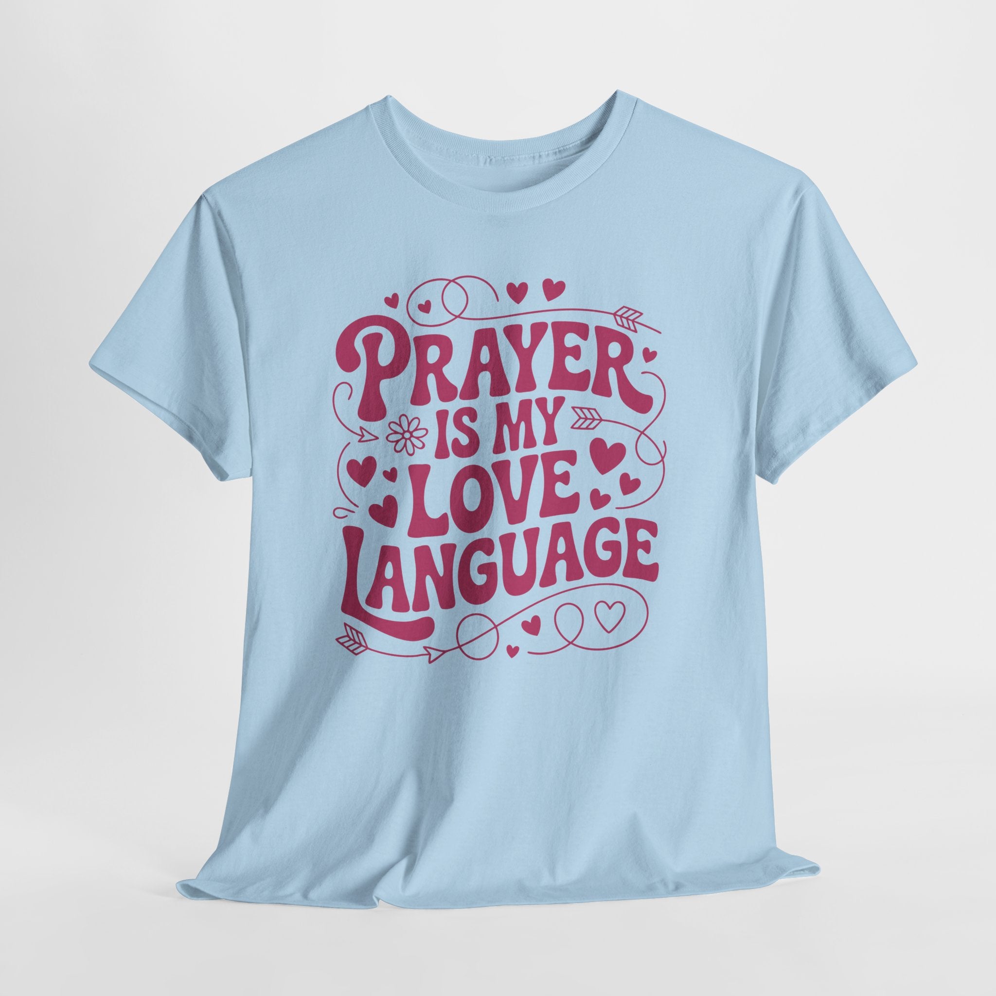 Prayer Is My Love Language Christian Tee — Pastel Pink Hearts Unisex Cotton Tee