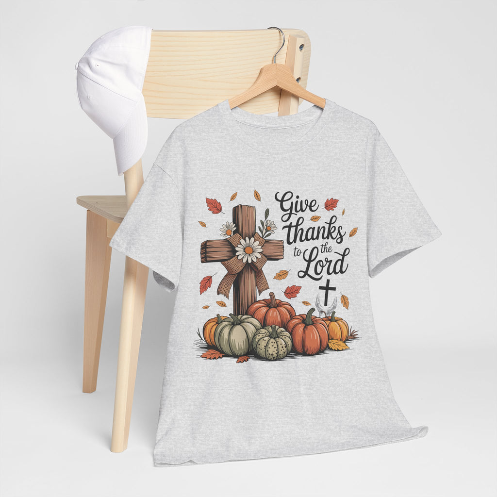 Give Thanks to the Lord Autumn Tee — Wooden Cross, Pumpkins & Daisies..Unisex Cotton Tee