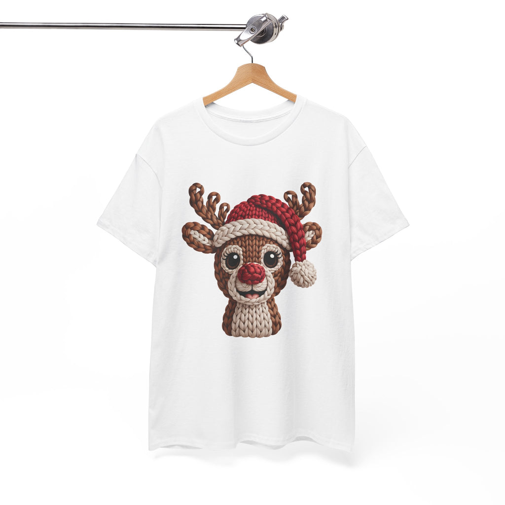 Reindeer in Santa Hat Cotton Tee — Joyful Faux-Yarn Holiday Unisex Coton T-Shirt