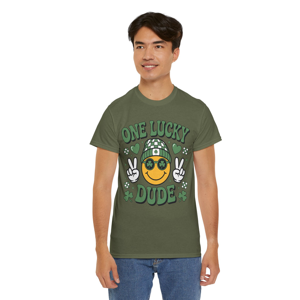 One Lucky Dude Shamrock Tee — St. Patrick's Day Smiley Unisex Cotton Tshirt