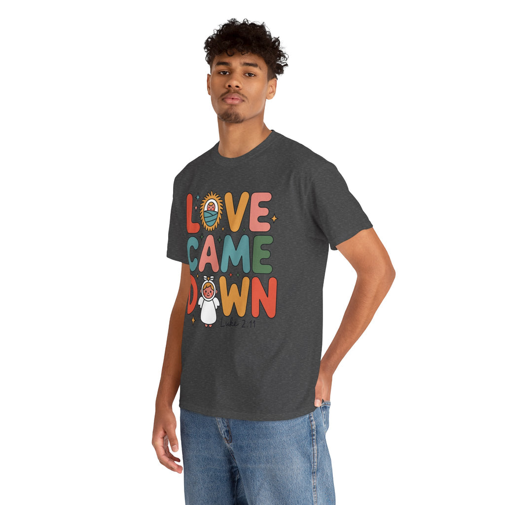 Love Came Down Christmas Tee — Baby Jesus Manger Angel (Luke 2:11)..Unisex Cotton Tee