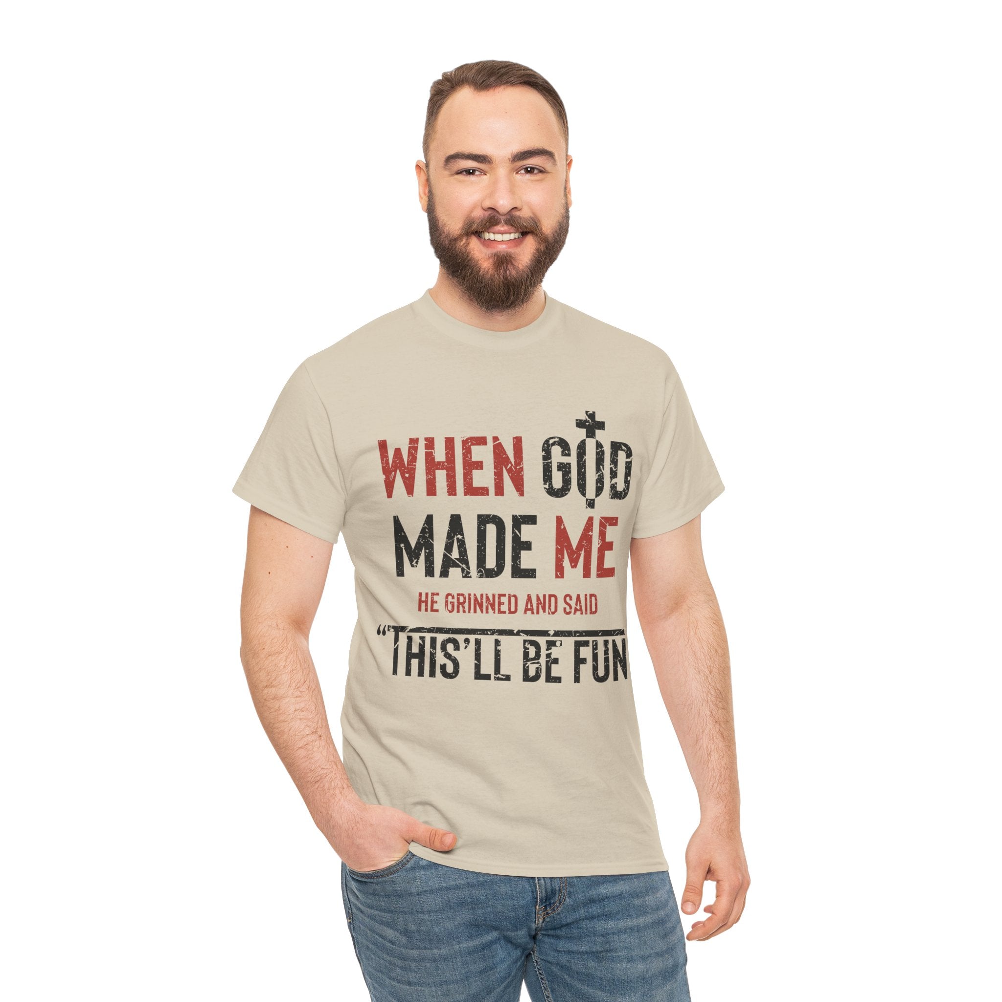 Humorous Grunge Quote Tee — "When He Saw Me, He Grinned and Said"Unisec Cotton Tee