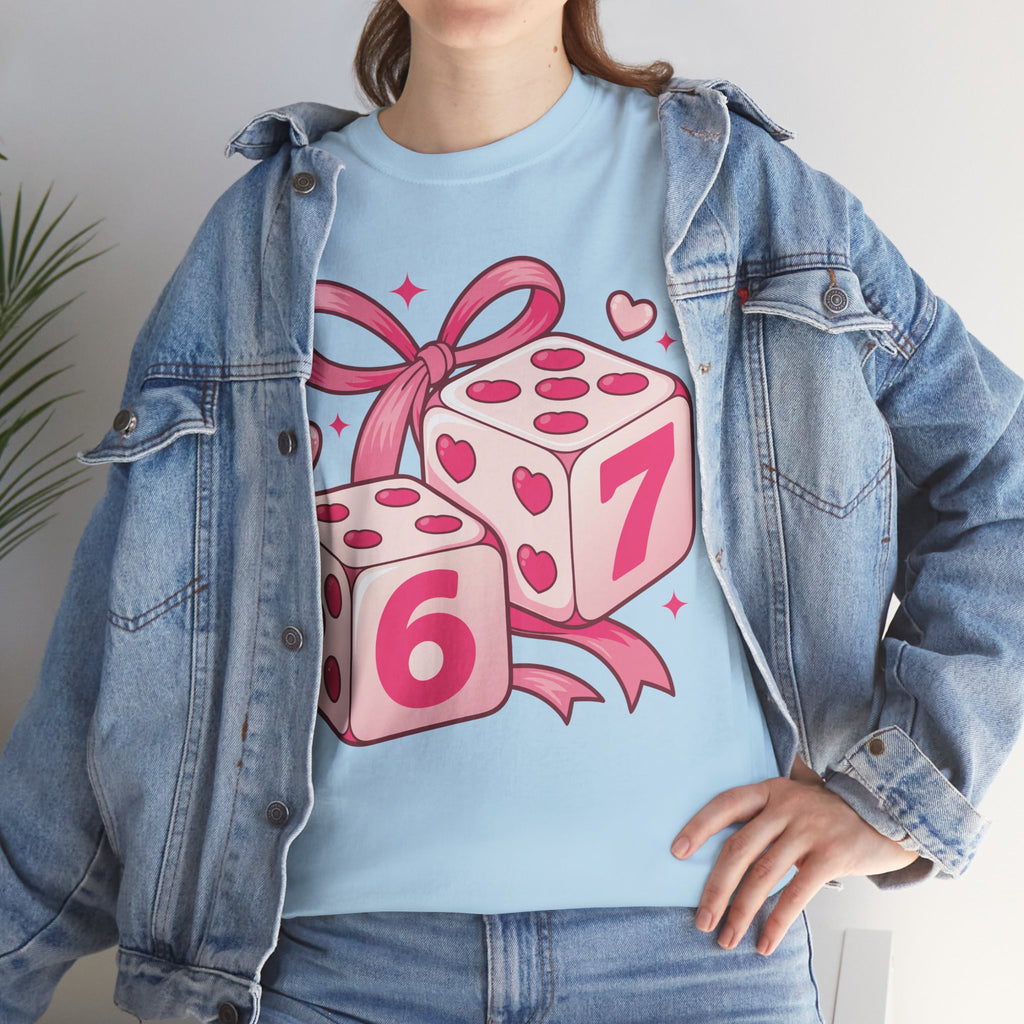 Lucky Love Dice T-Shirt — Pink Heart Dice with Bow..Unisex Cotton Tee