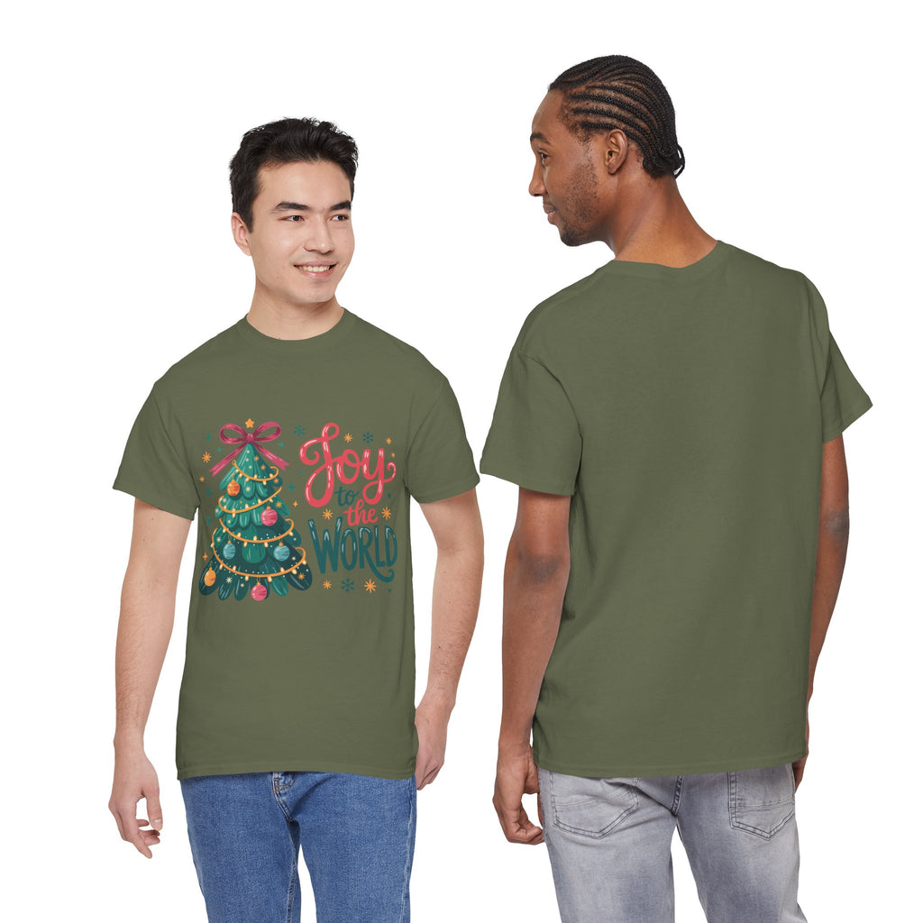 Joy to the World Christmas Tee — Festive Tree with Pink Bow..Unisex Cotton Tee