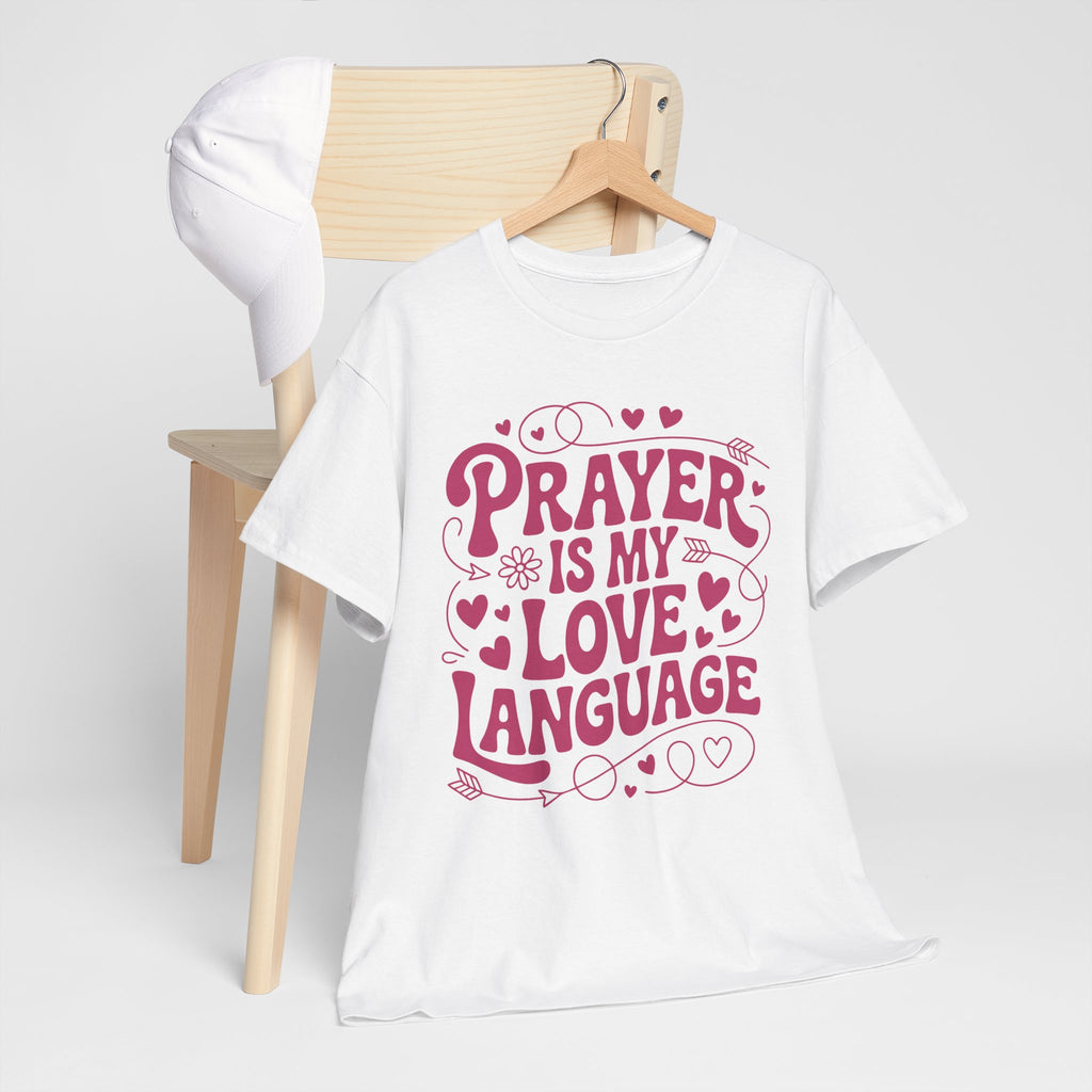 Prayer Is My Love Language Christian Tee — Pastel Pink Hearts Unisex Cotton Tee