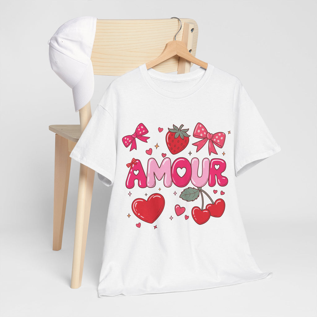 Amour Pink Hearts Tee — Shiny Lettering with Bows, Cherries & Strawberry Accent...Unisex Cotton Tee