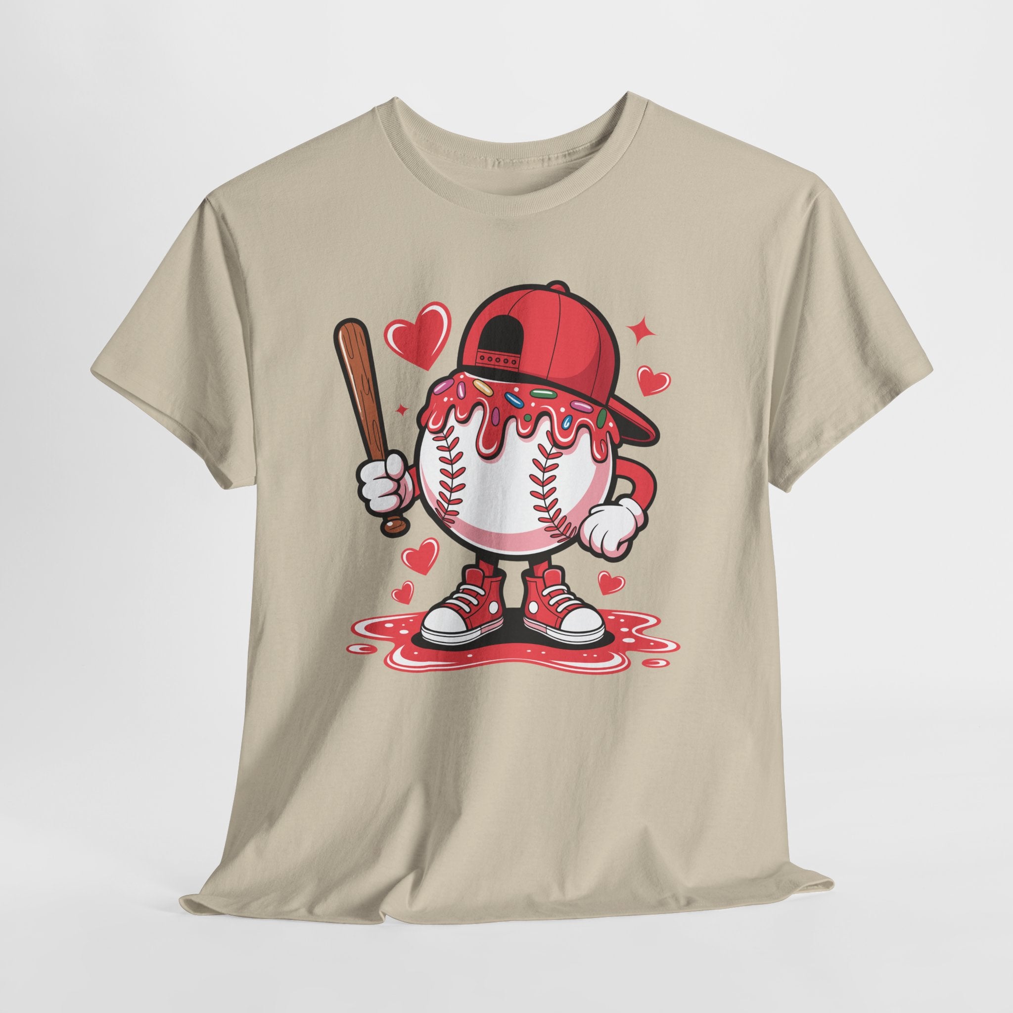 Cute Baseball Character T-Shirt — Red Cap & Icing Top Graphic with Hearts Unisex Cotton Tee