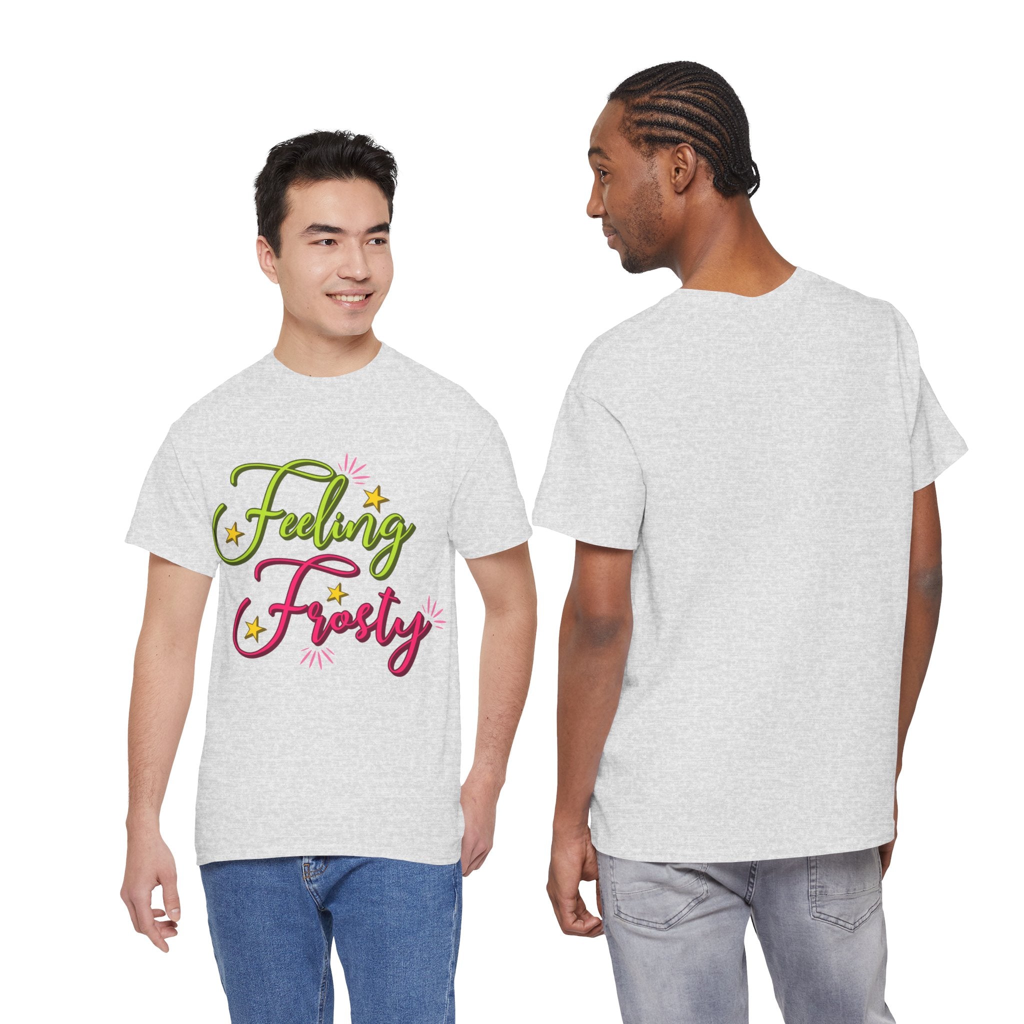 Feeling Frosty Holiday T-Shirt — Green & Pink Script Stars.Unisex Cotton Tee