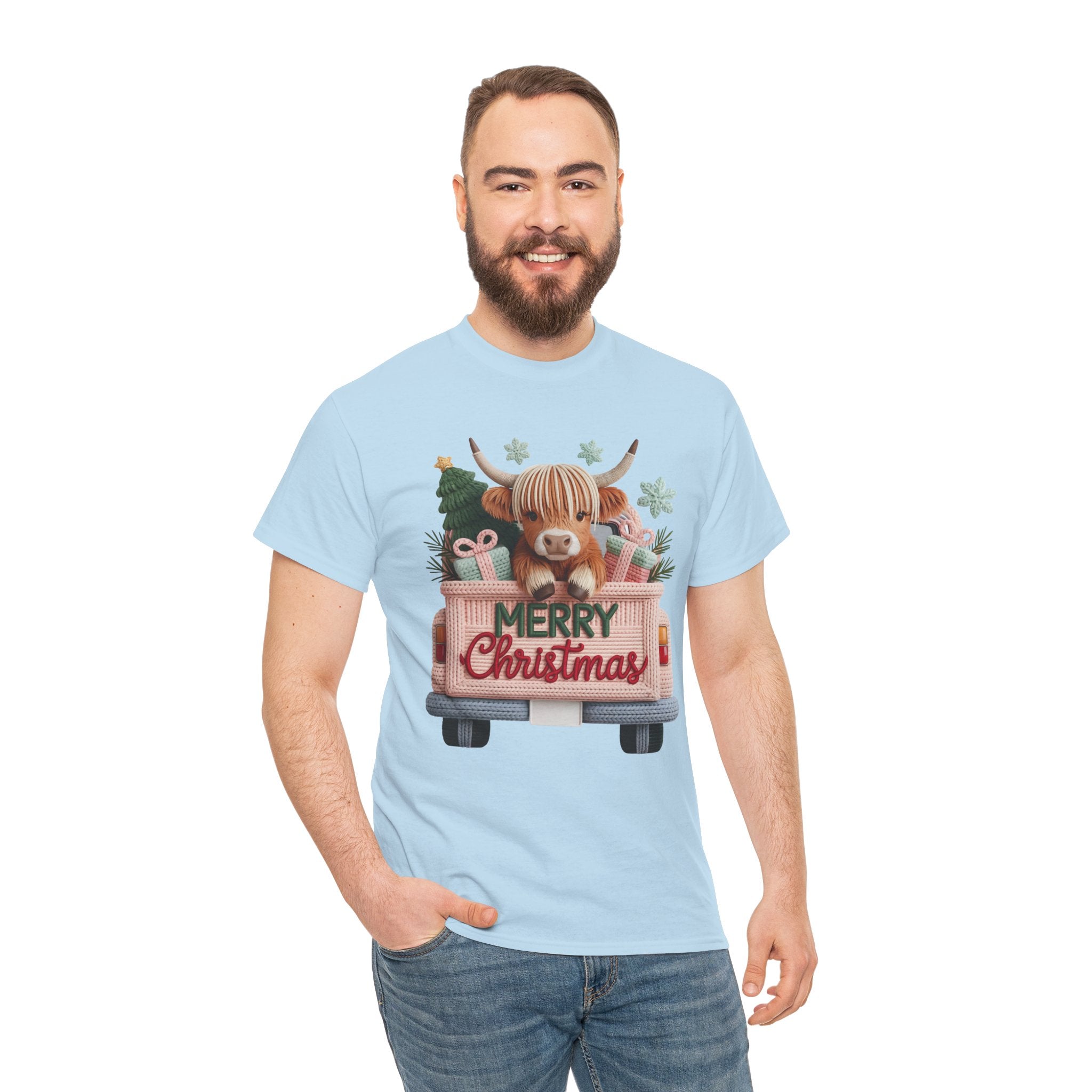 Merry Christmas Highland Cow Knit Truck Unisex Cotton T-Shirt