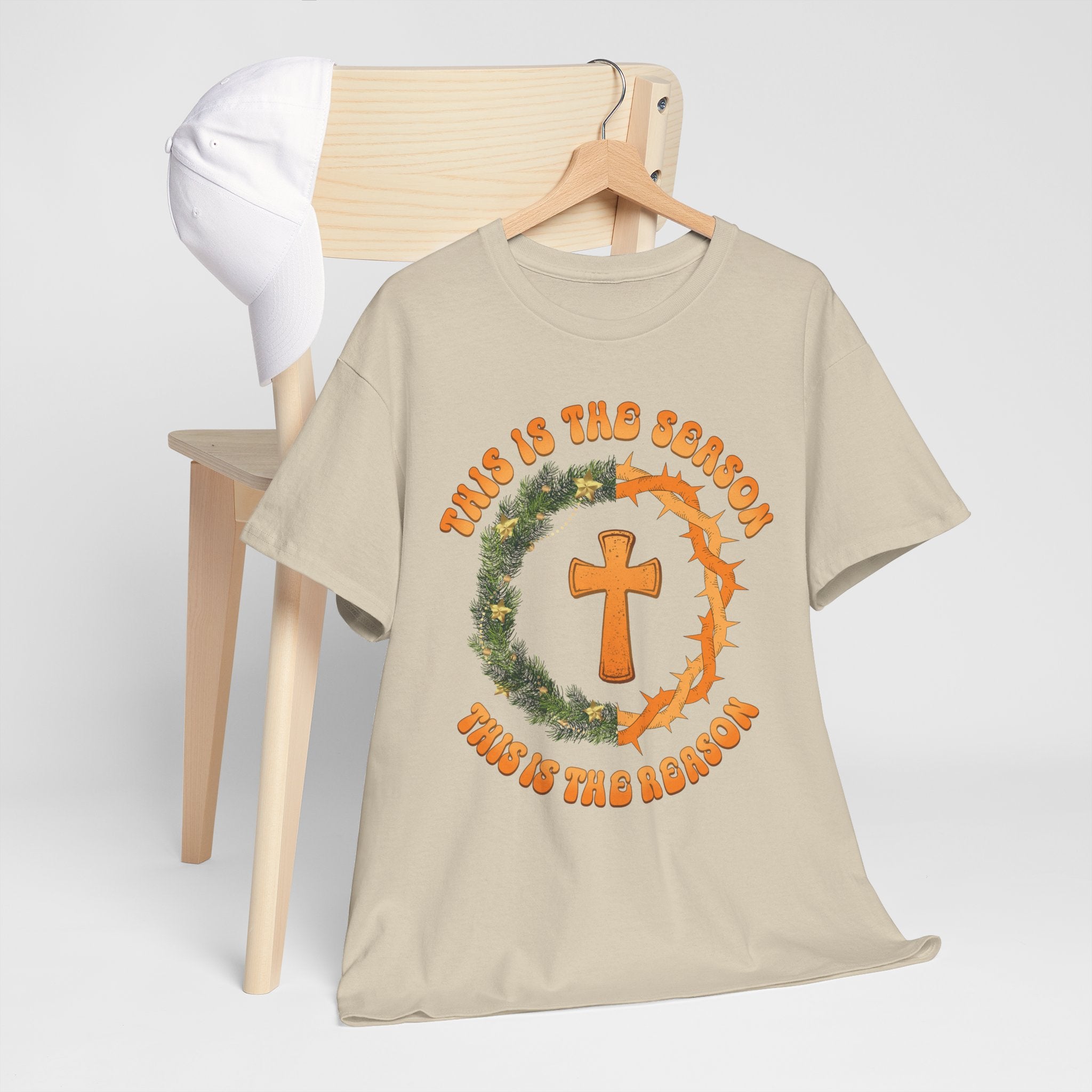 Christian T‑Shirt — "This is the Season, This is the Reason" (Golden Cross, Wreath & Crown of Thorns)..Unisex Cotton Tee