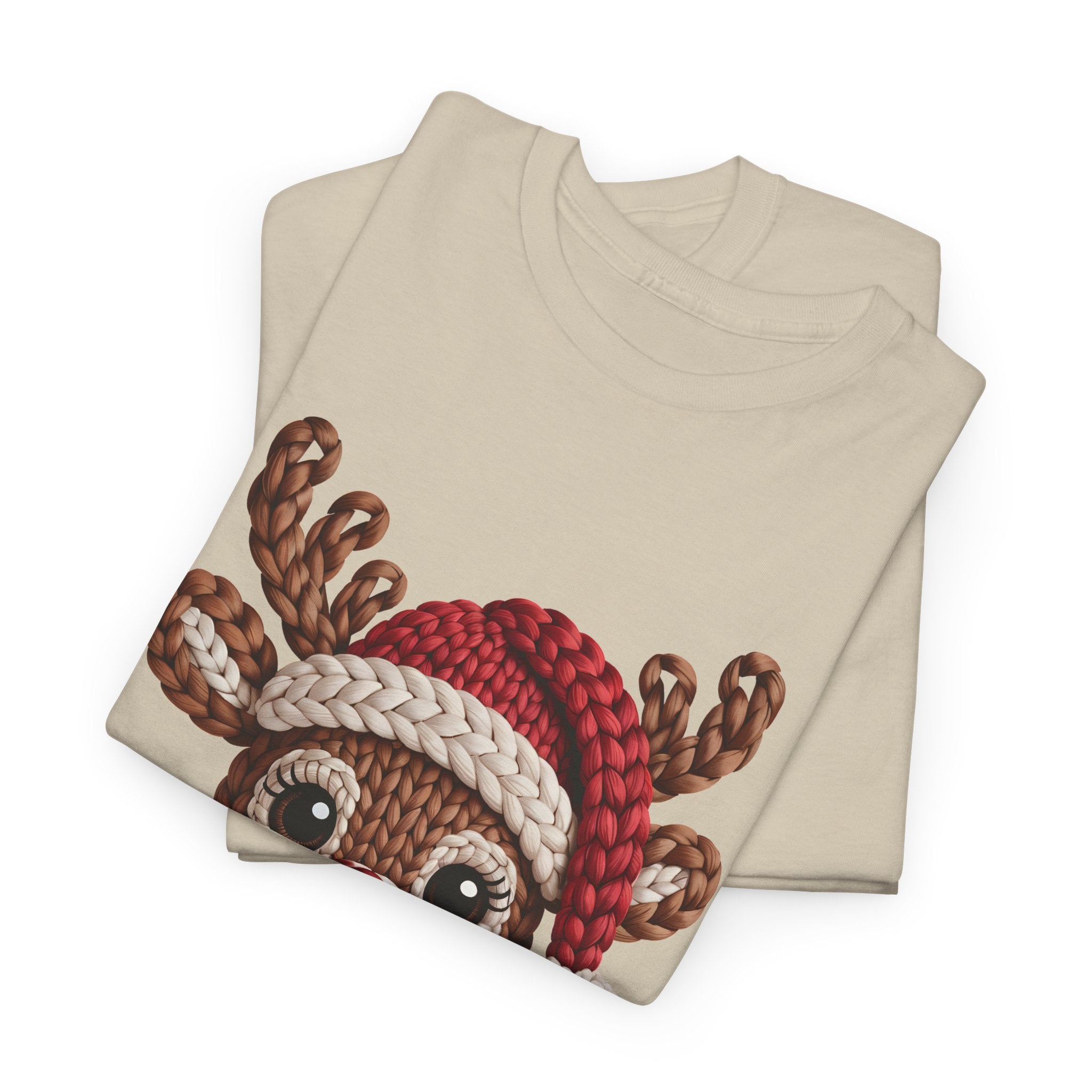Reindeer in Santa Hat Cotton Tee — Joyful Faux-Yarn Holiday Unisex Coton T-Shirt