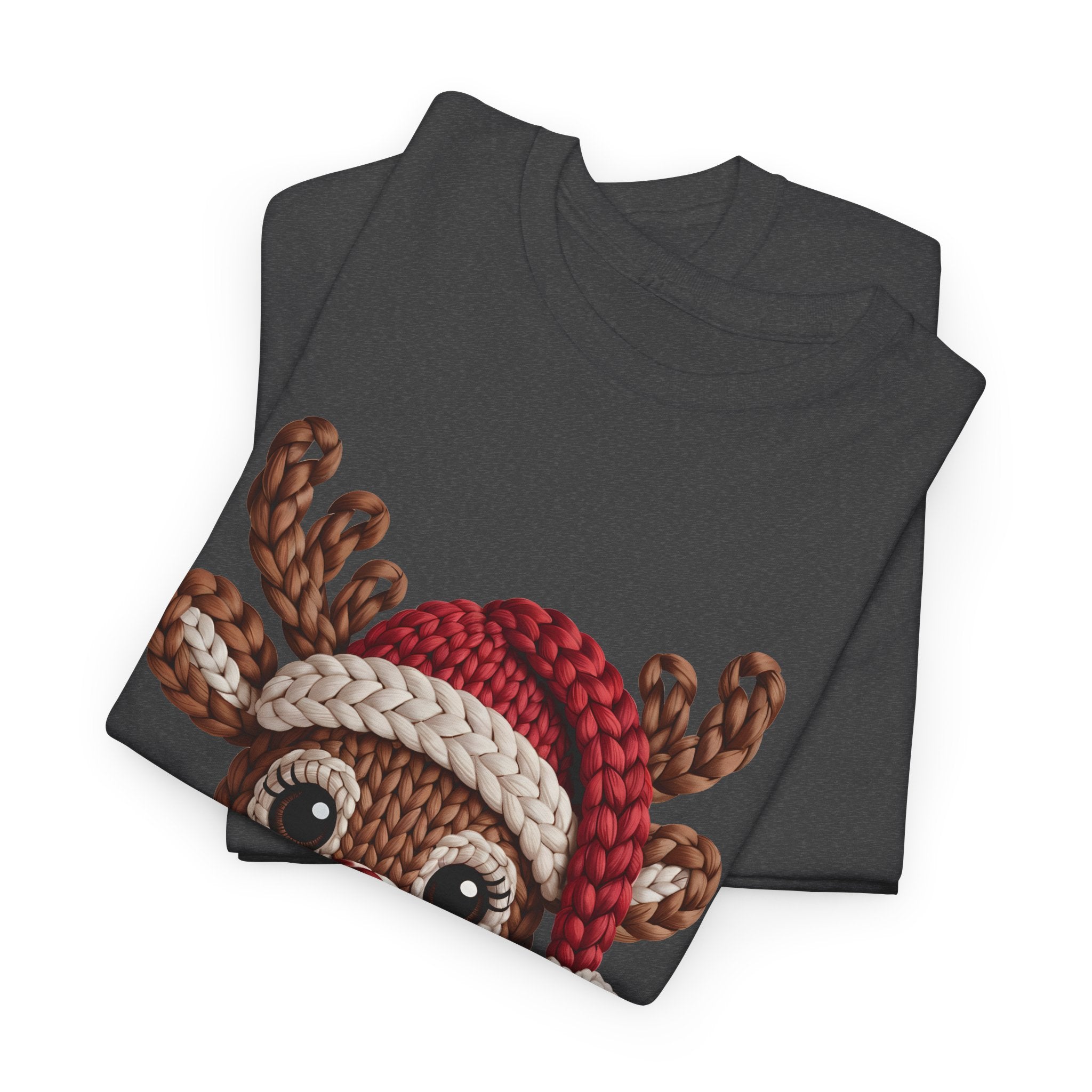 Reindeer in Santa Hat Cotton Tee — Joyful Faux-Yarn Holiday Unisex Coton T-Shirt